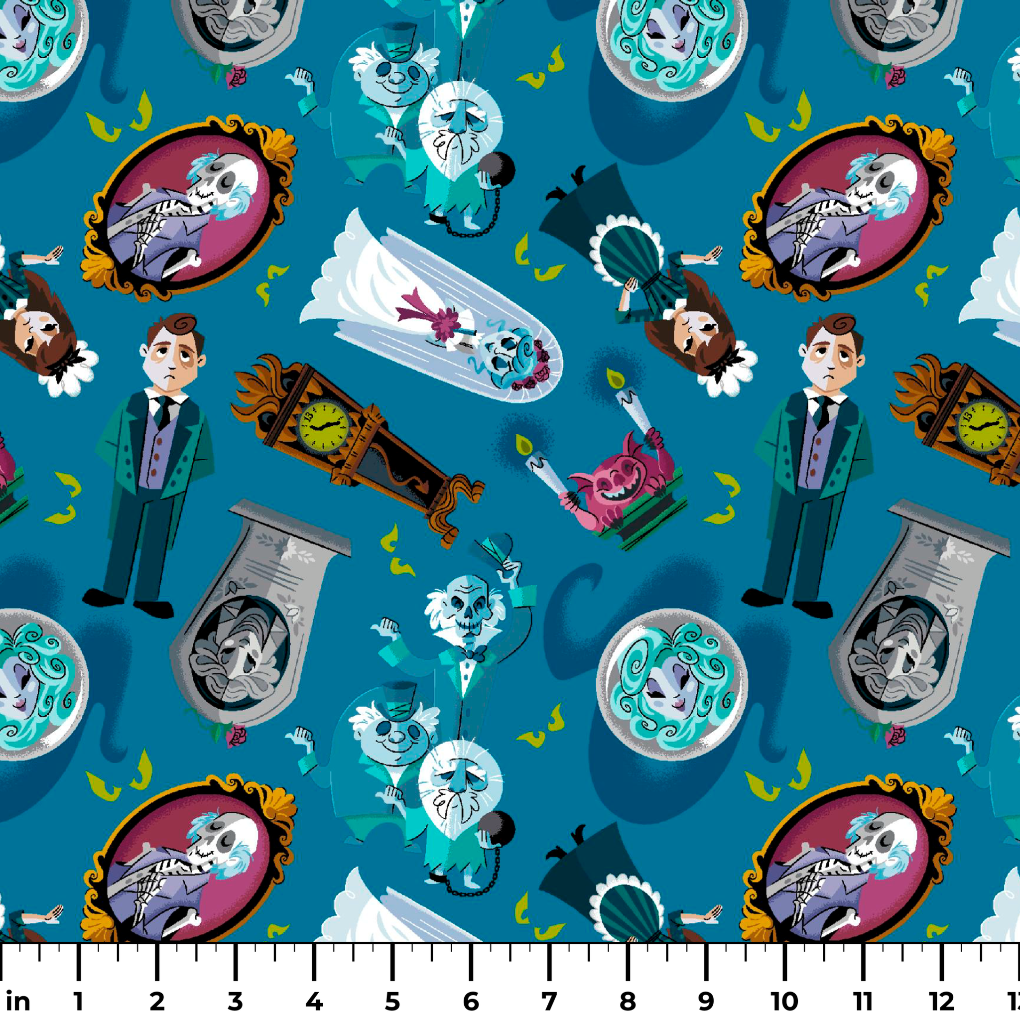 Haunted Mansion themed pattern with cartoon ghosts, portraits, coffins, and spooky elements on teal background ruler