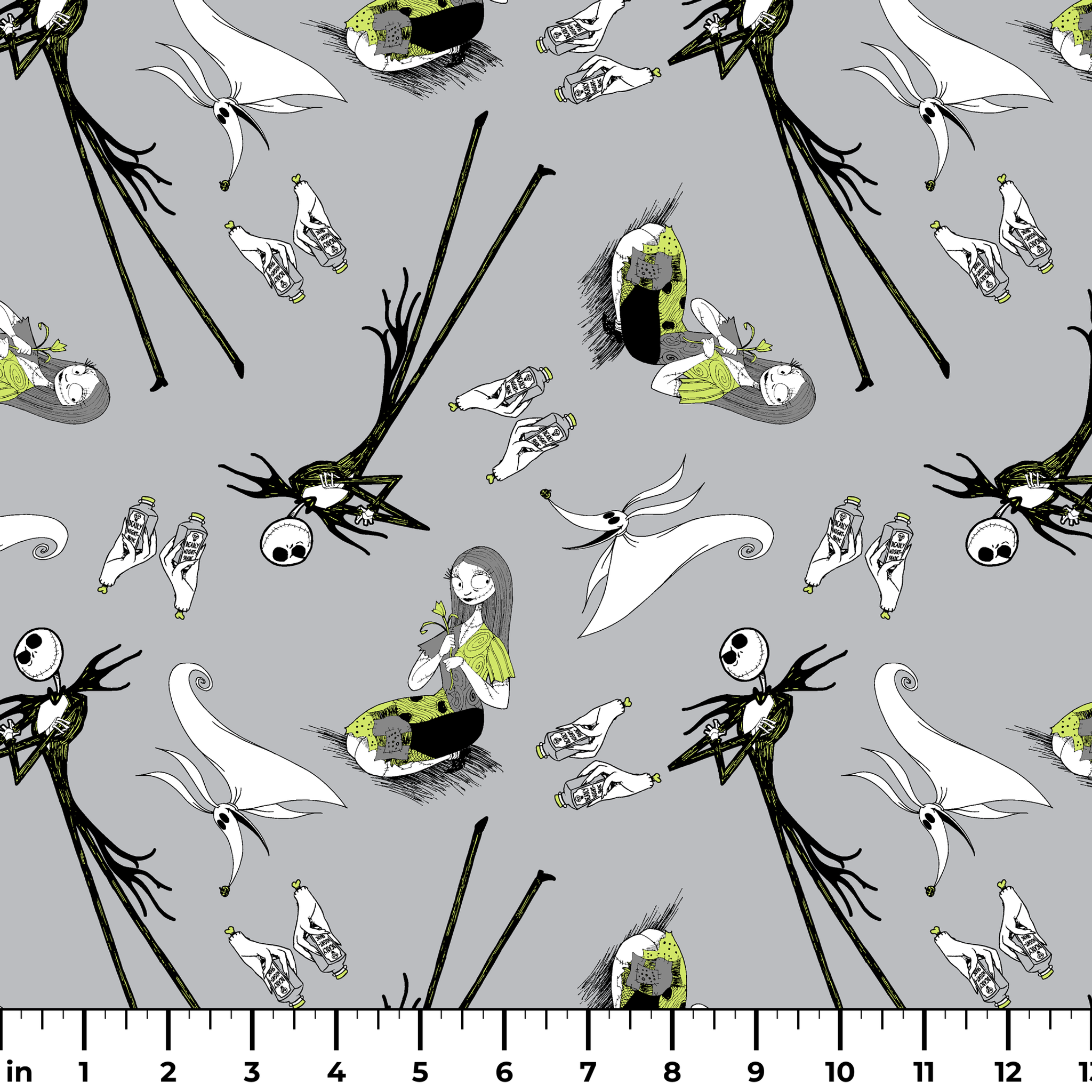 Spooky pattern with stylized ghostly figures, skeletal creatures, and green accents on gray background ruler