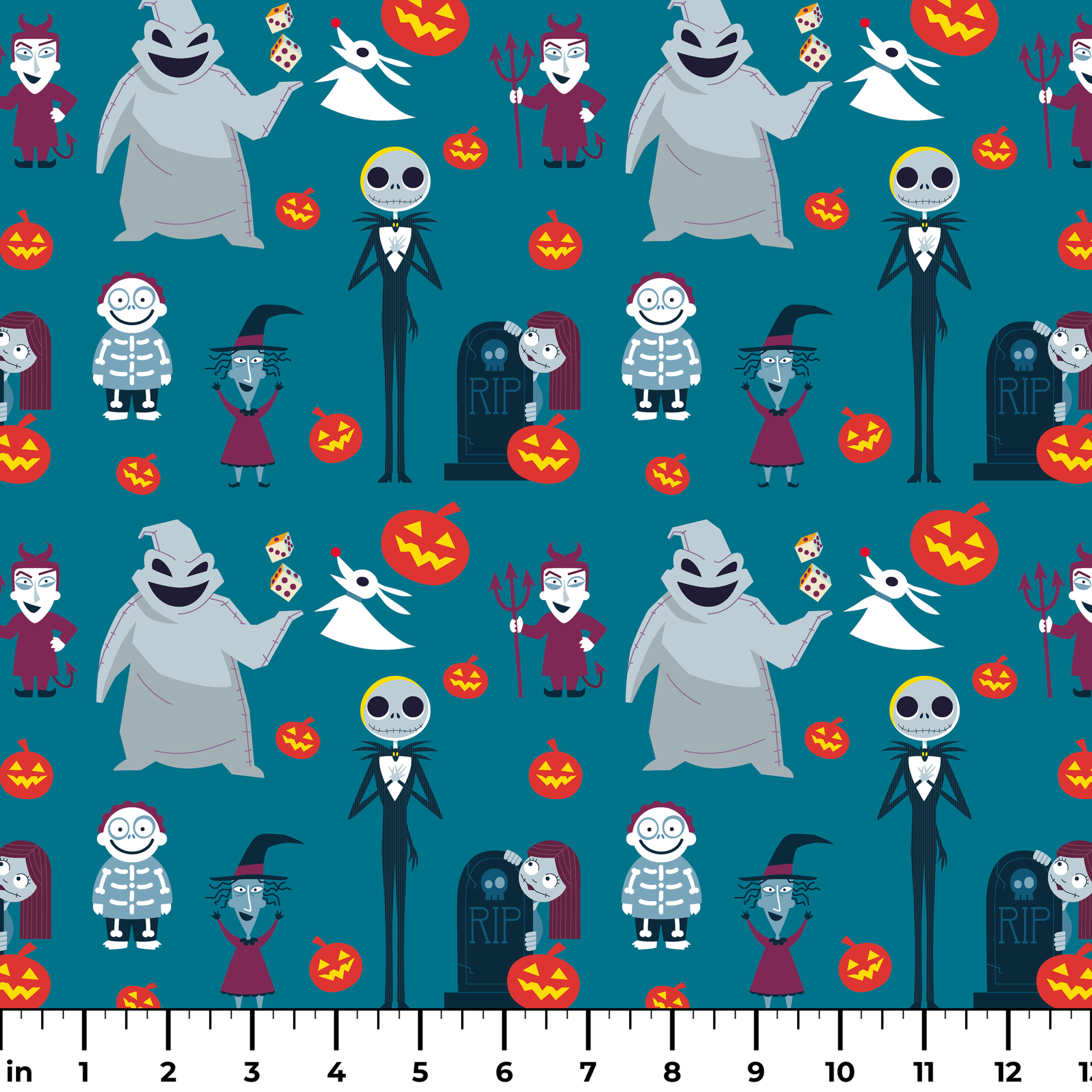 Halloween characters pattern with ghost, skeleton, witch, and pumpkins on teal background in cartoon style ruler