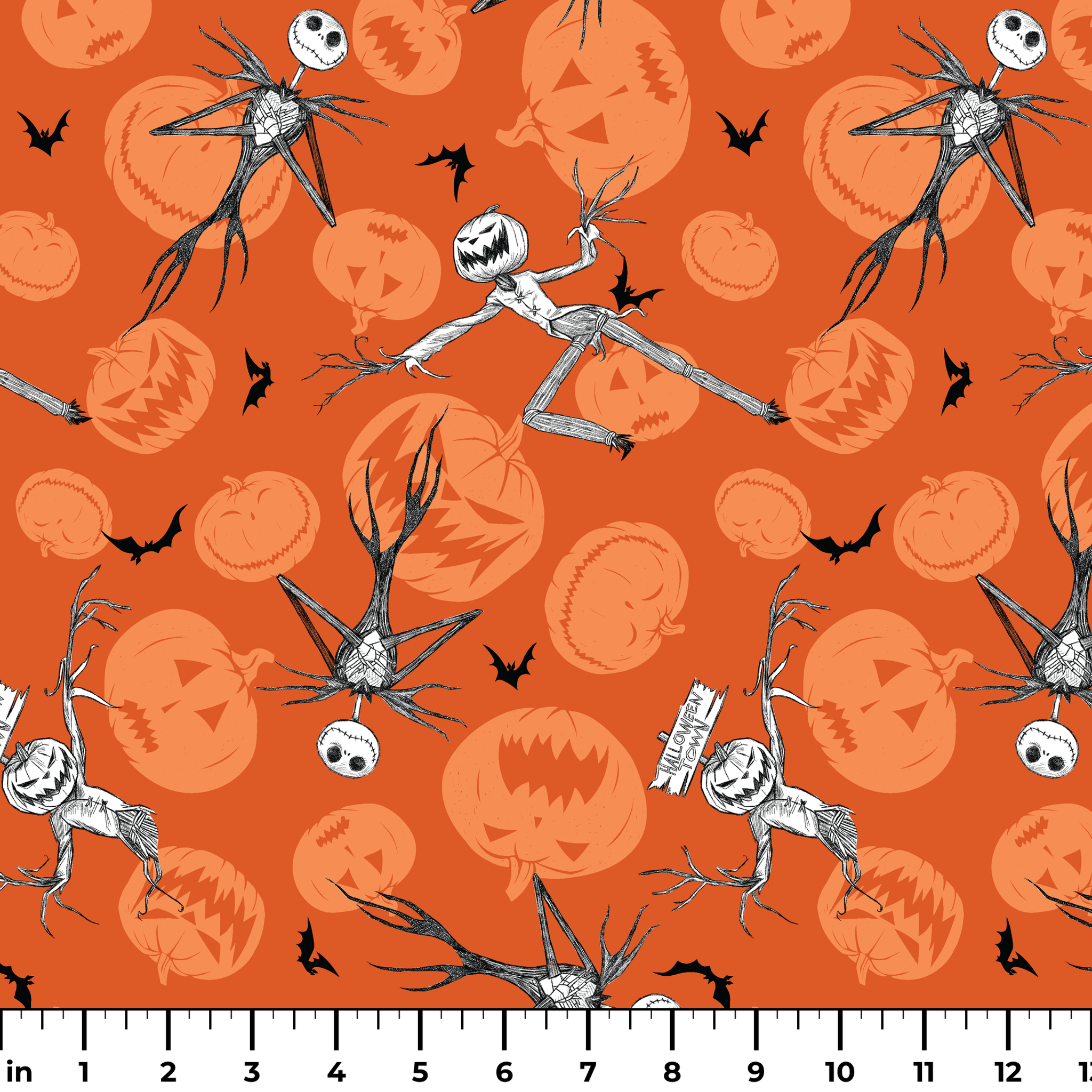 Nightmare Before Christmas pattern with Jack Skellington, bats, and jack-o'-lantern silhouettes on orange background ruler