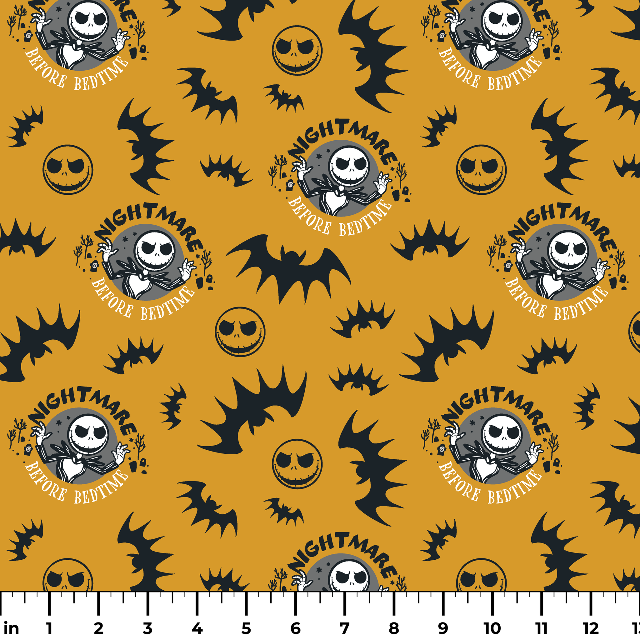 Halloween pattern with skeletal figure, "Nightmare" text, yellow background, black bats and smiling faces ruler