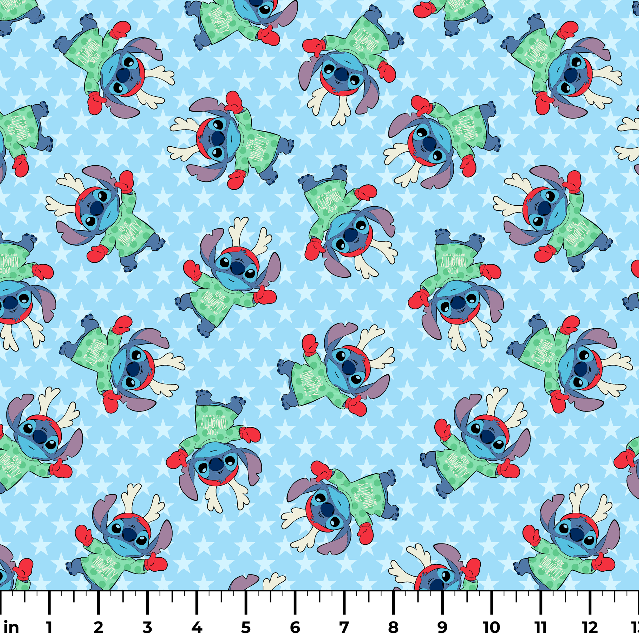 A repeating pattern of Disney's Stitch in holiday outfits with Christmas trees on light blue snowflake background. ruler