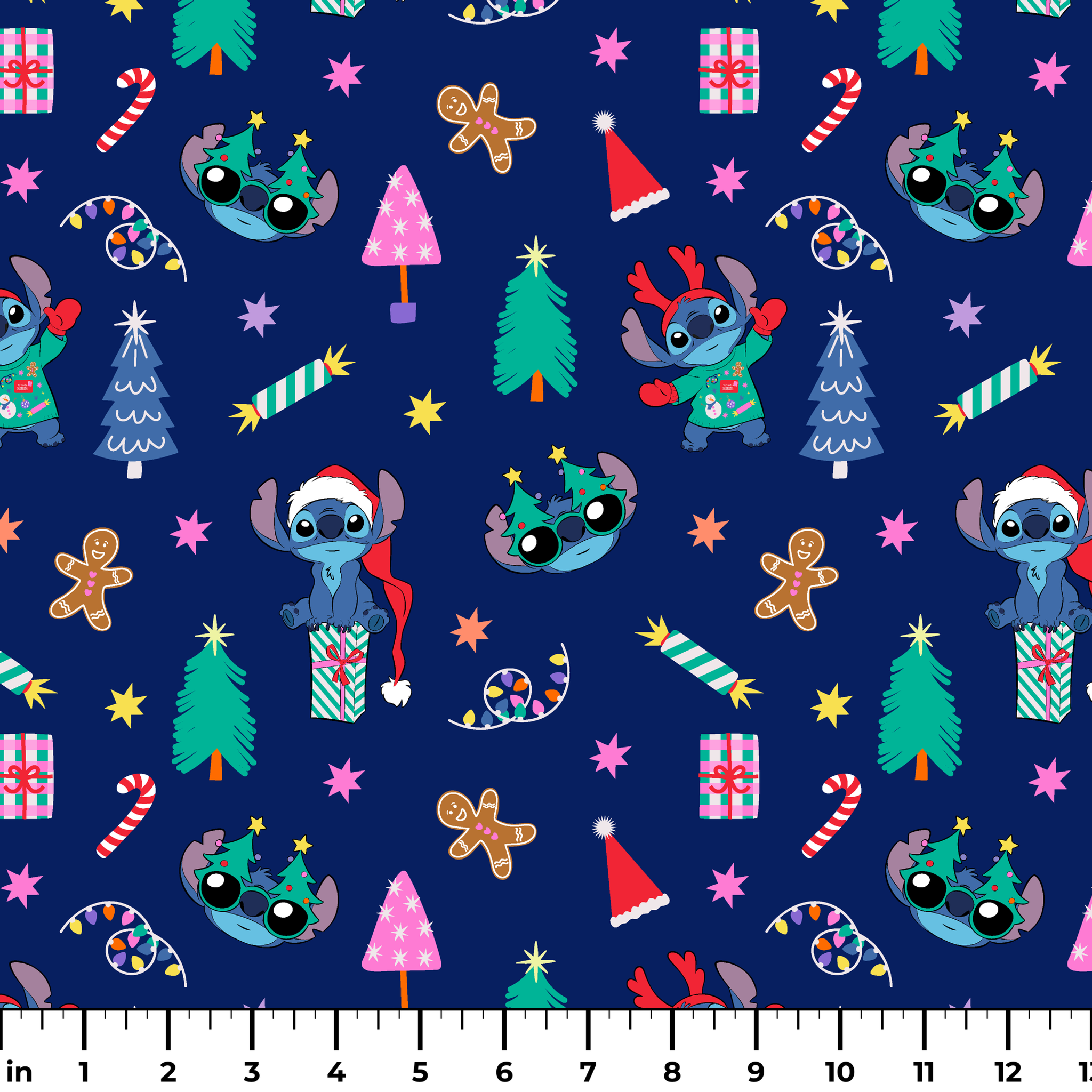 Festive Christmas pattern with Stitch, trees, candy canes, presents, and gingerbread men on navy background ruler