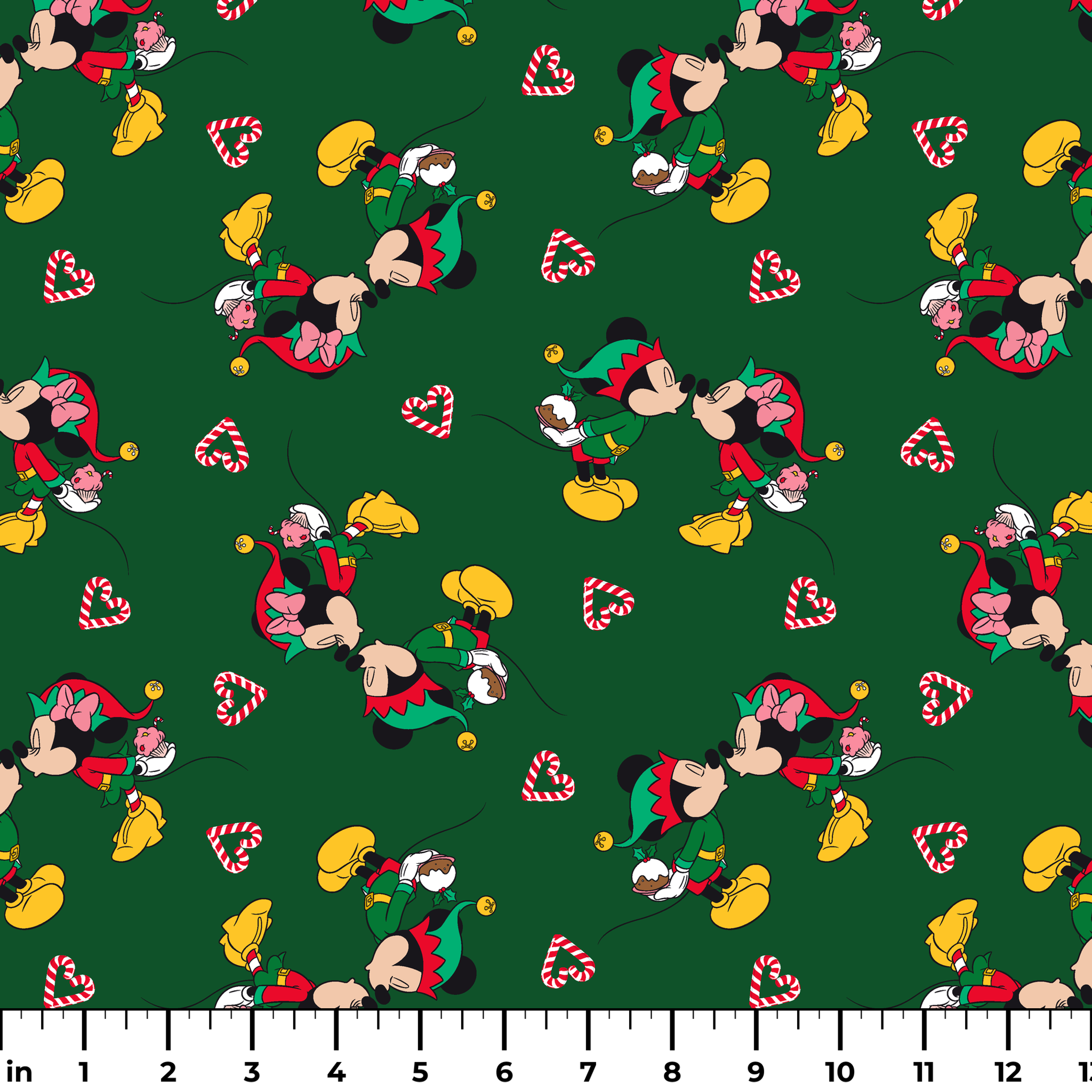 Festive Mickey Mouse pattern with candy canes on green background ruler