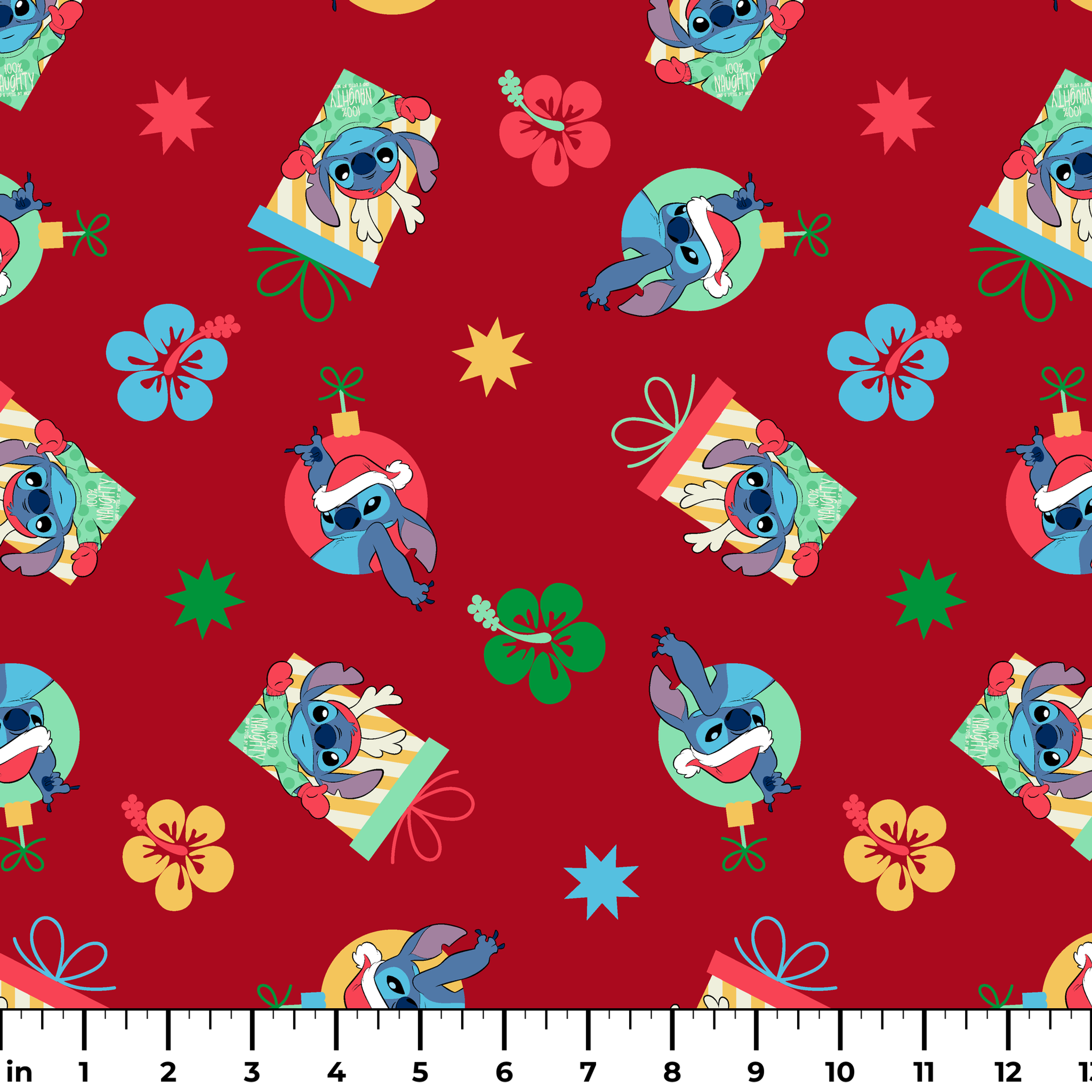 Disney Stitch pattern on red background with flowers and decorative elements ruler