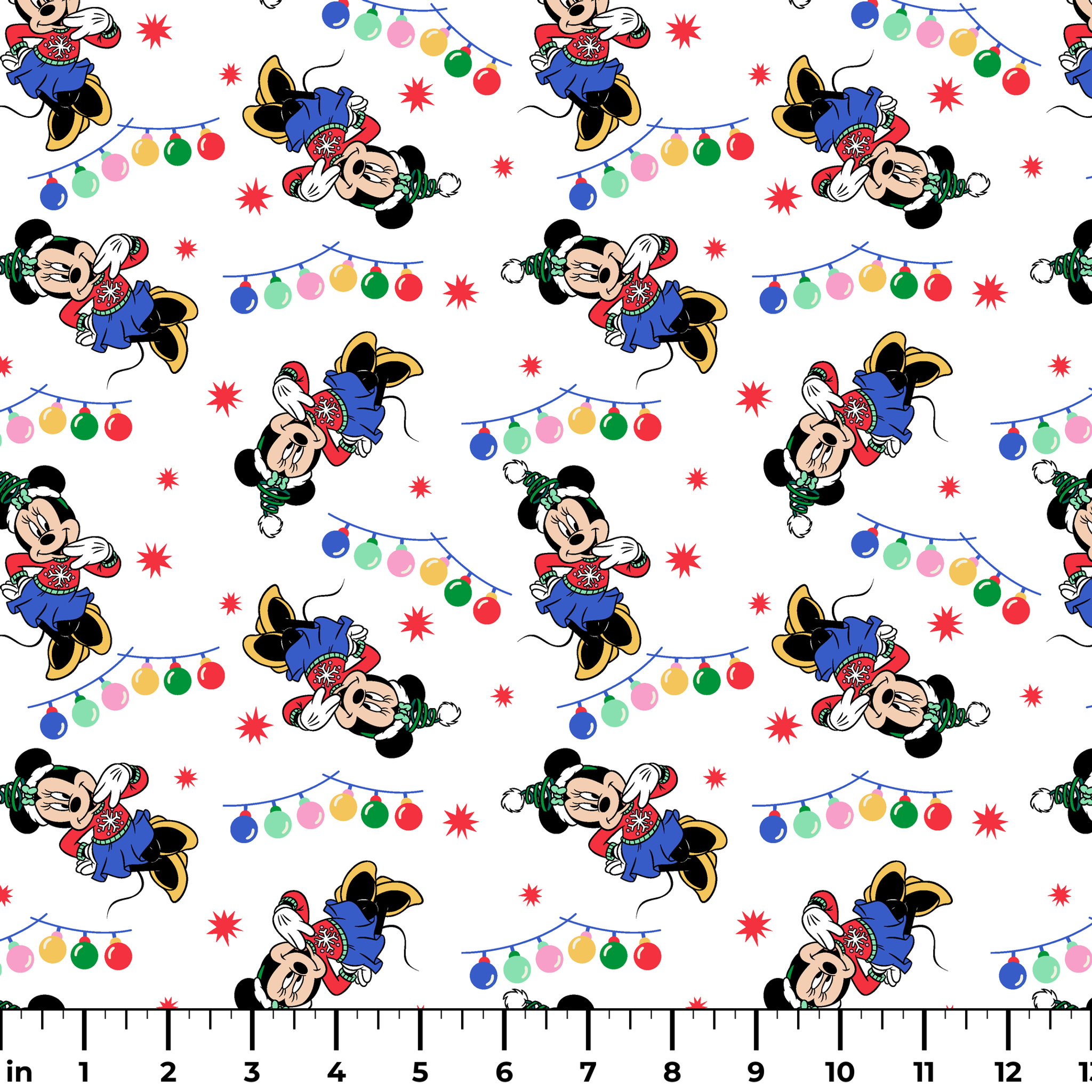 Minnie Mouse in Santa hats with blue outfits surrounded by colorful string lights and red stars on white background ruler