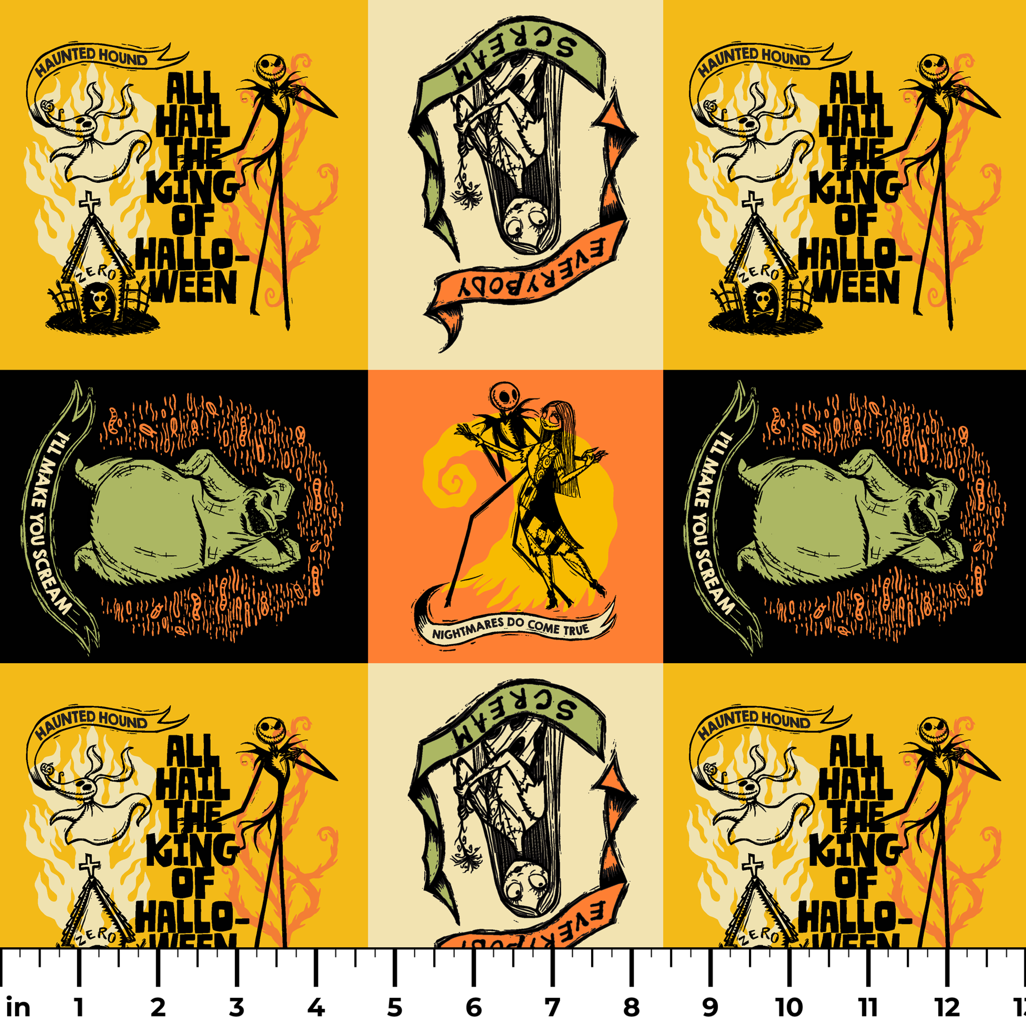Four stylized Nightmare Before Christmas illustrations in a grid with yellow, green, and orange backgrounds featuring a haunted house and gothic imagery. ruler