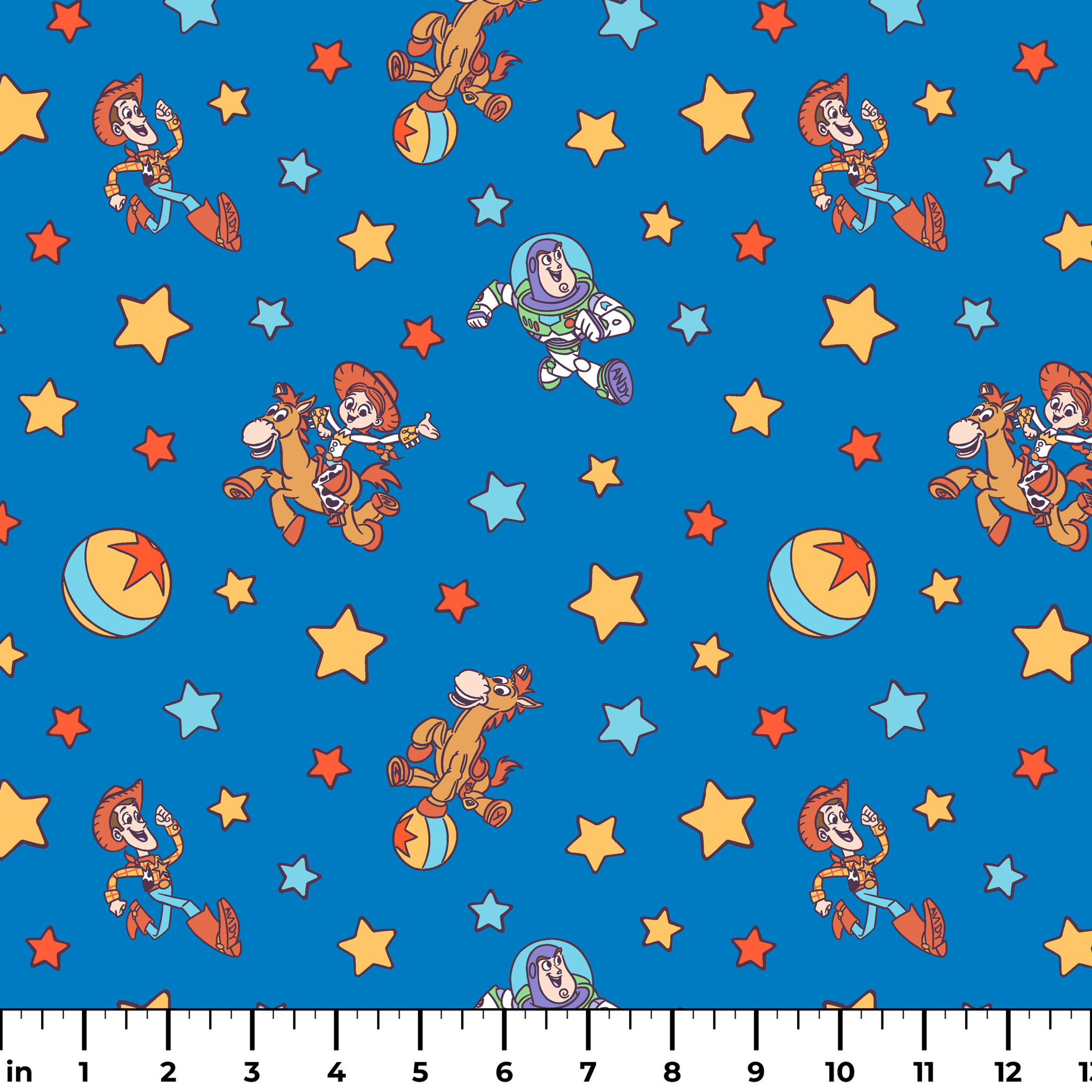 Toy Story characters floating in space pattern with stars on blue background ruler