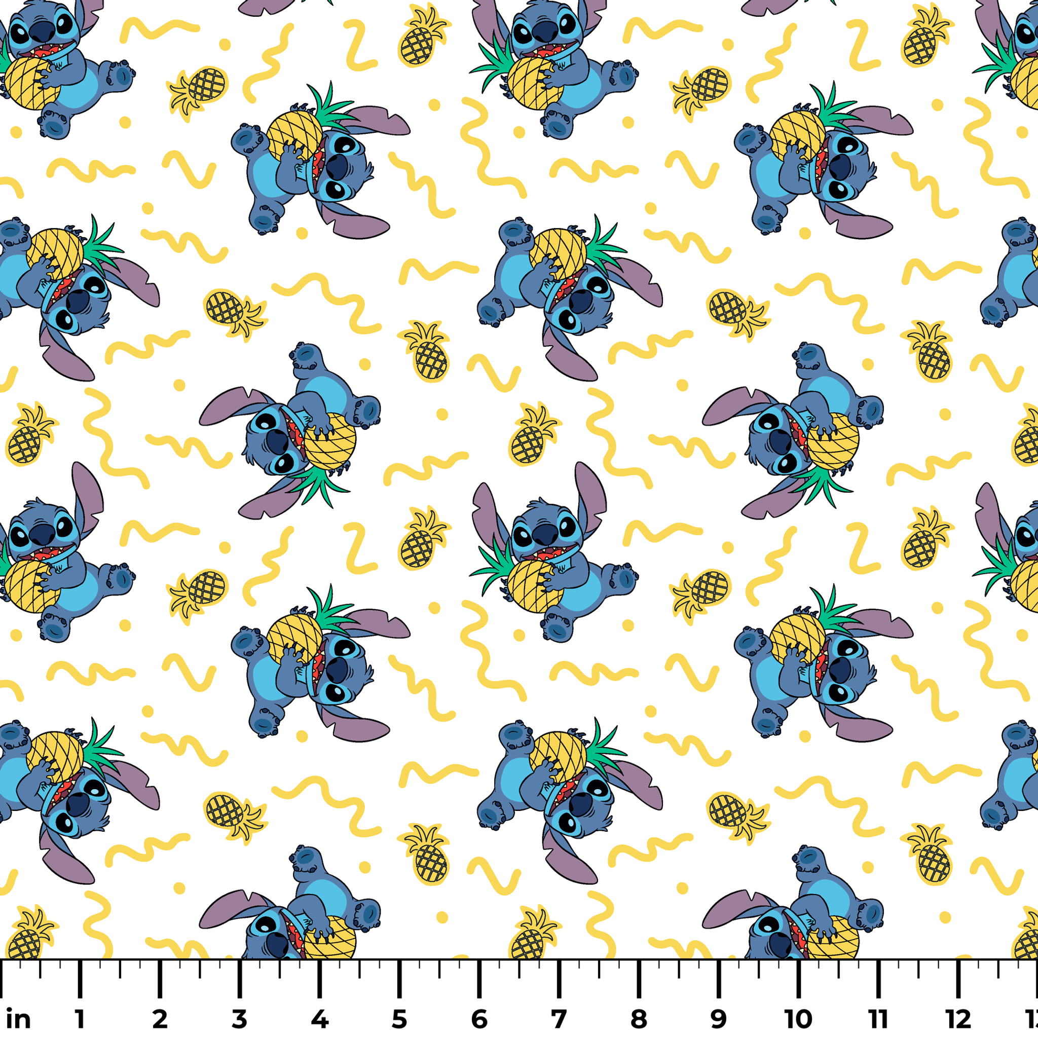 Disney's Stitch holding pineapples with yellow squiggly lines on white background pattern ruler