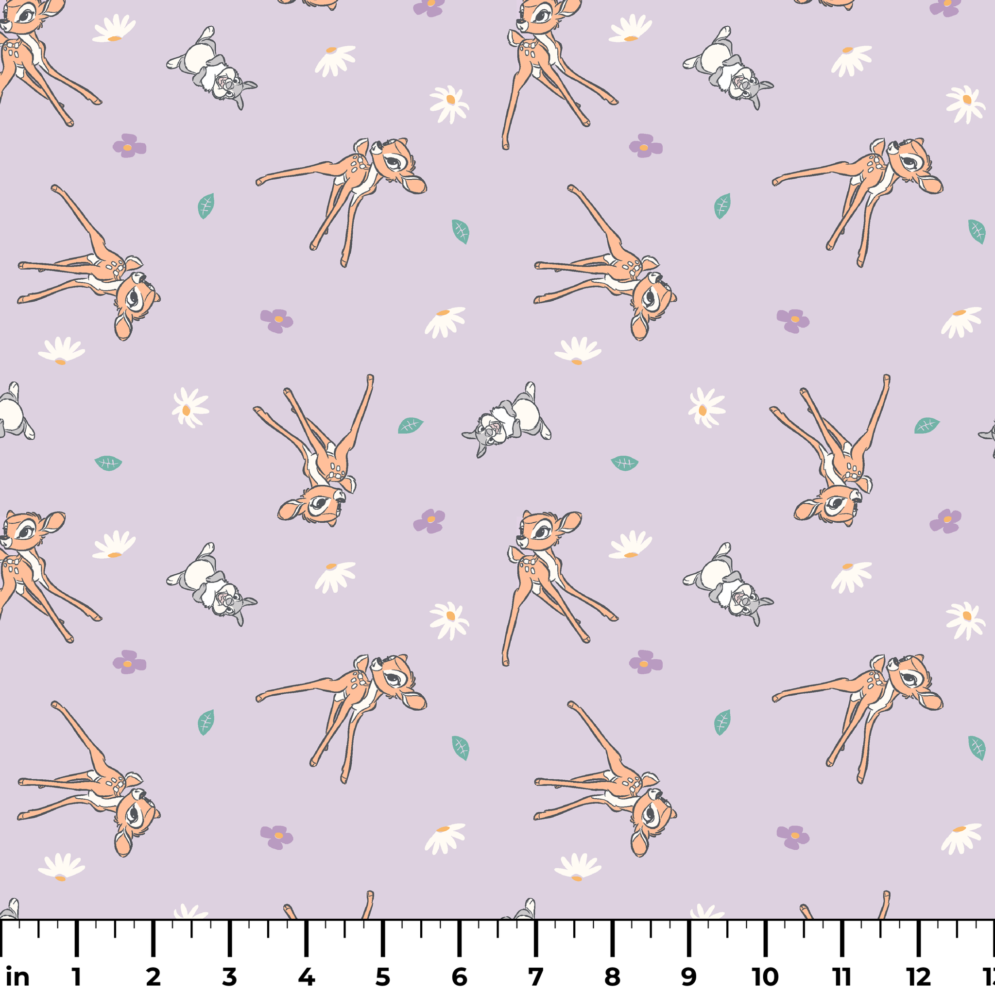 Seamless pattern of cartoon deer and bunnies with daisies and small flowers on lavender background ruler