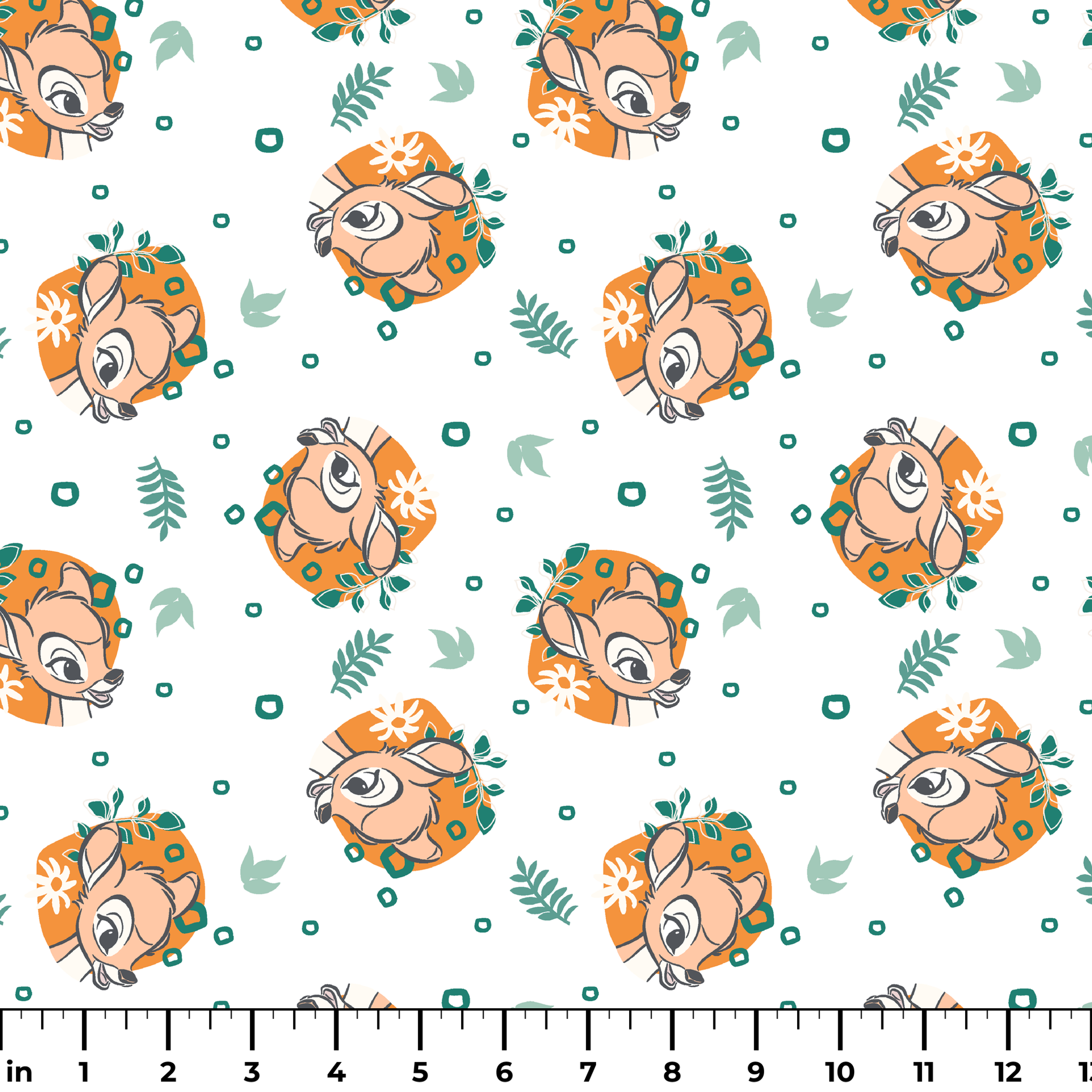 Disney’s Bambi illustrated in golden-orange floral medallions with green leaves and scattered geometric accents on a white background. ruler