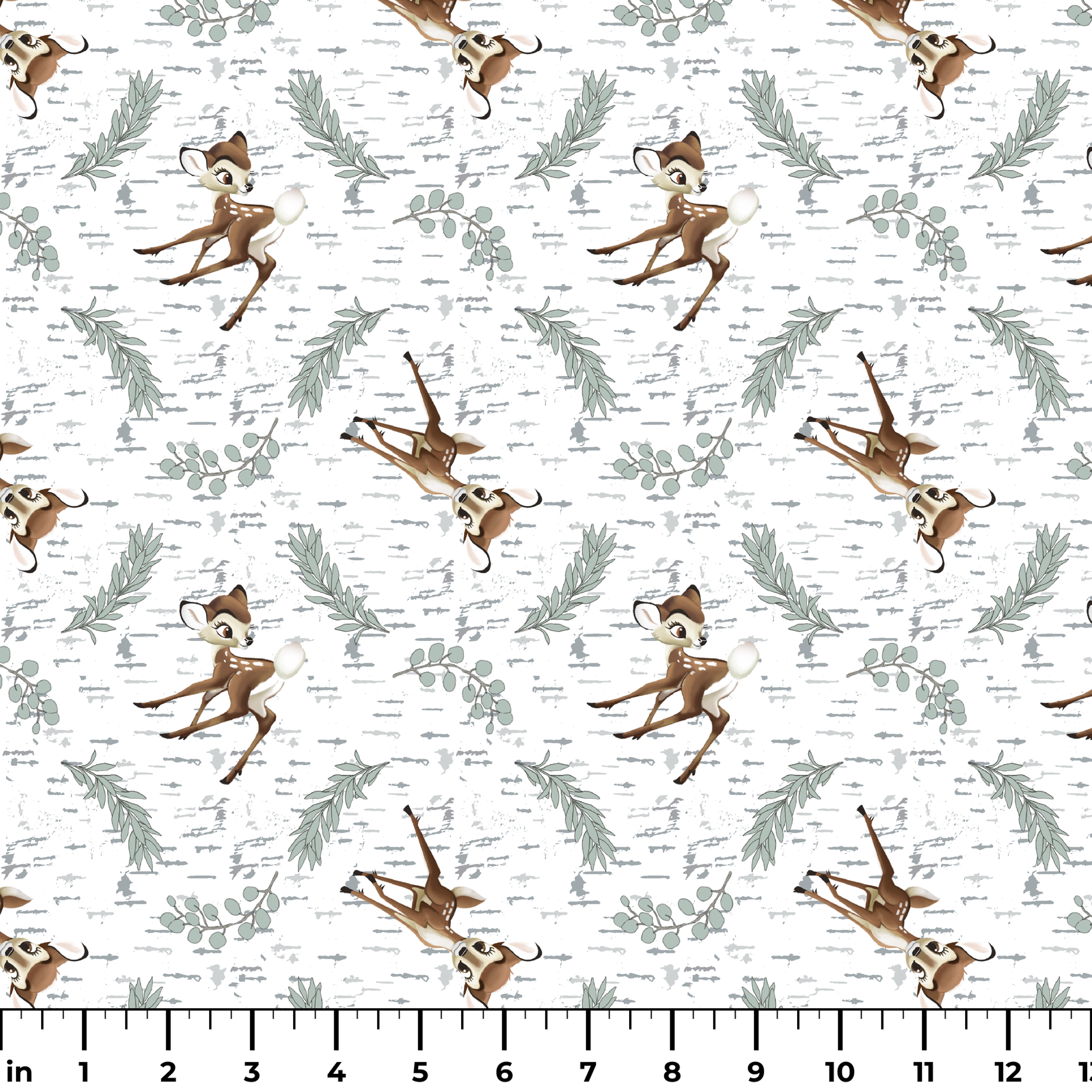 Disney’s Bambi surrounded by sage green sprigs, leafy branches, and birch bark textures on a white background in a woodland-themed scattered repeat. ruler