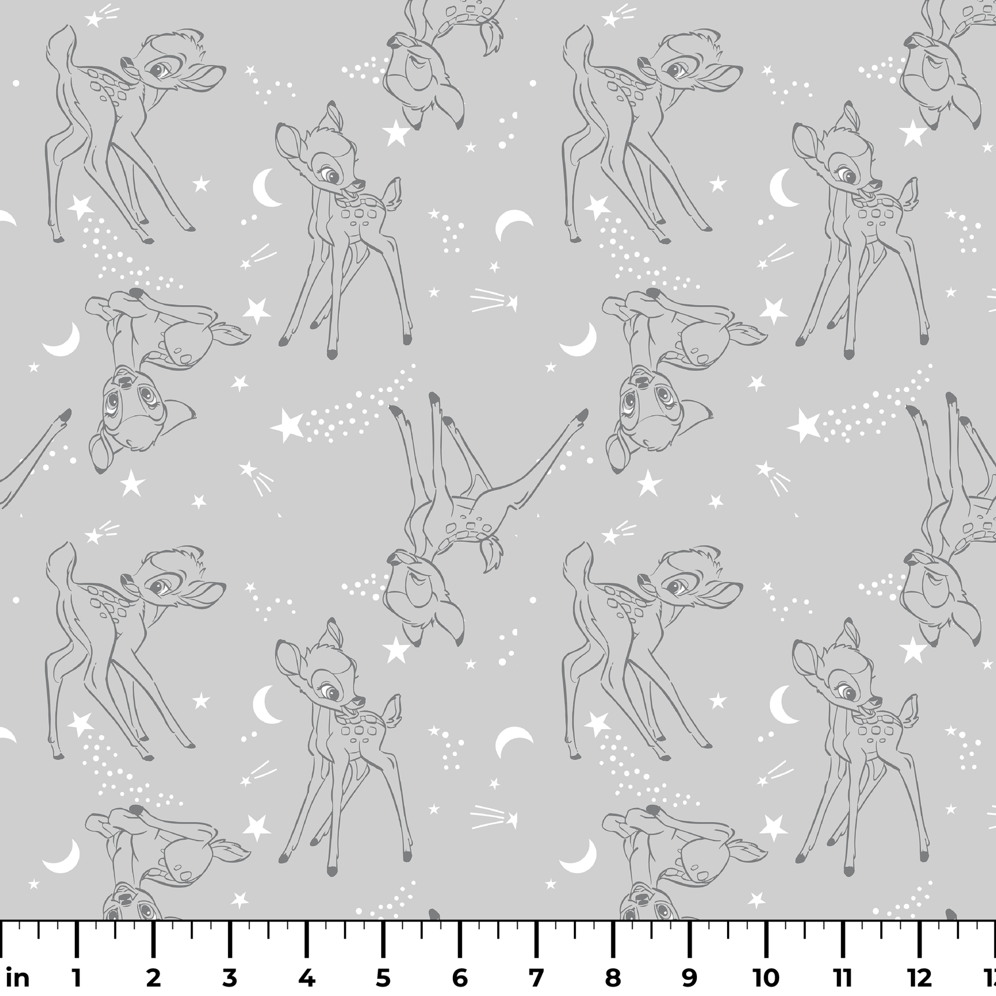 Line art illustrations of Disney’s Bambi surrounded by stars, moons, and stardust trails on a soft gray background in a scattered repeat. ruler