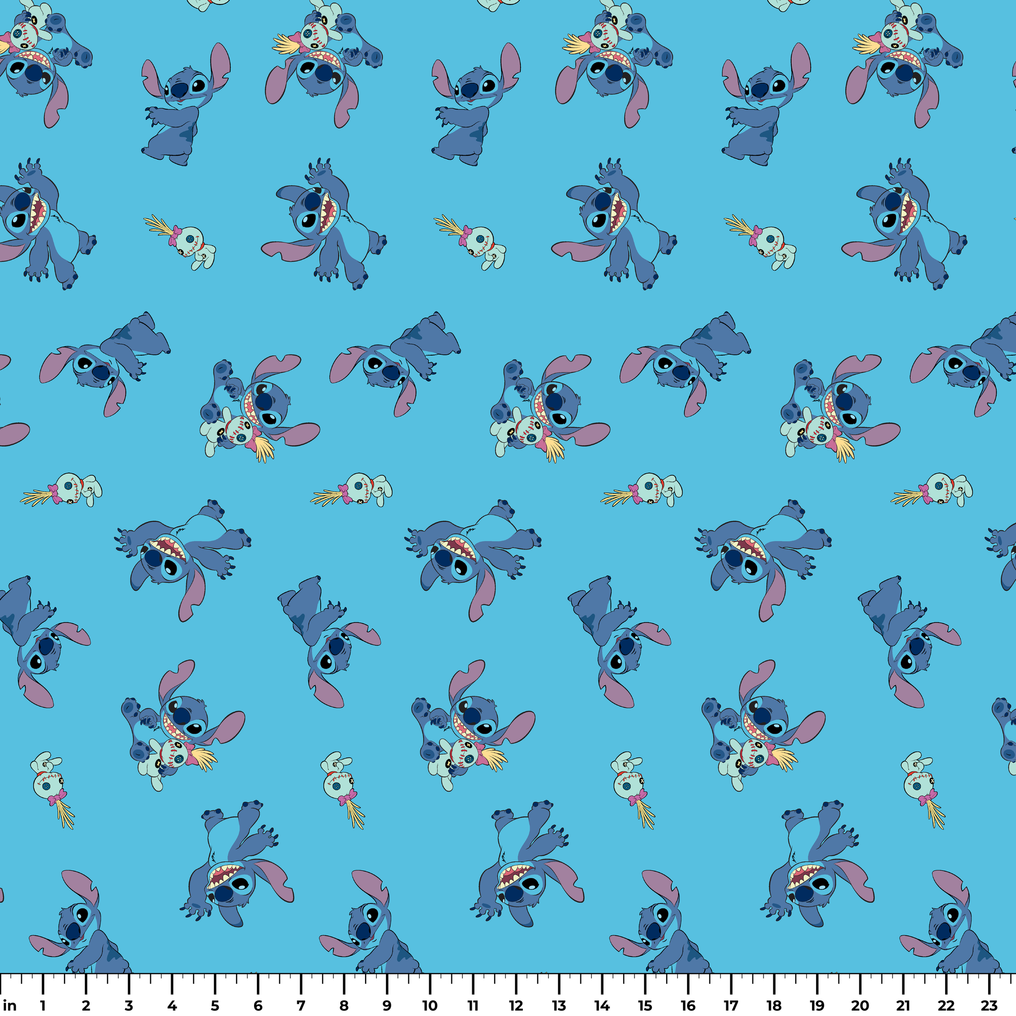 Disney’s Stitch and Scrump in various playful poses scattered across a light blue background with small tropical flowers. ruler