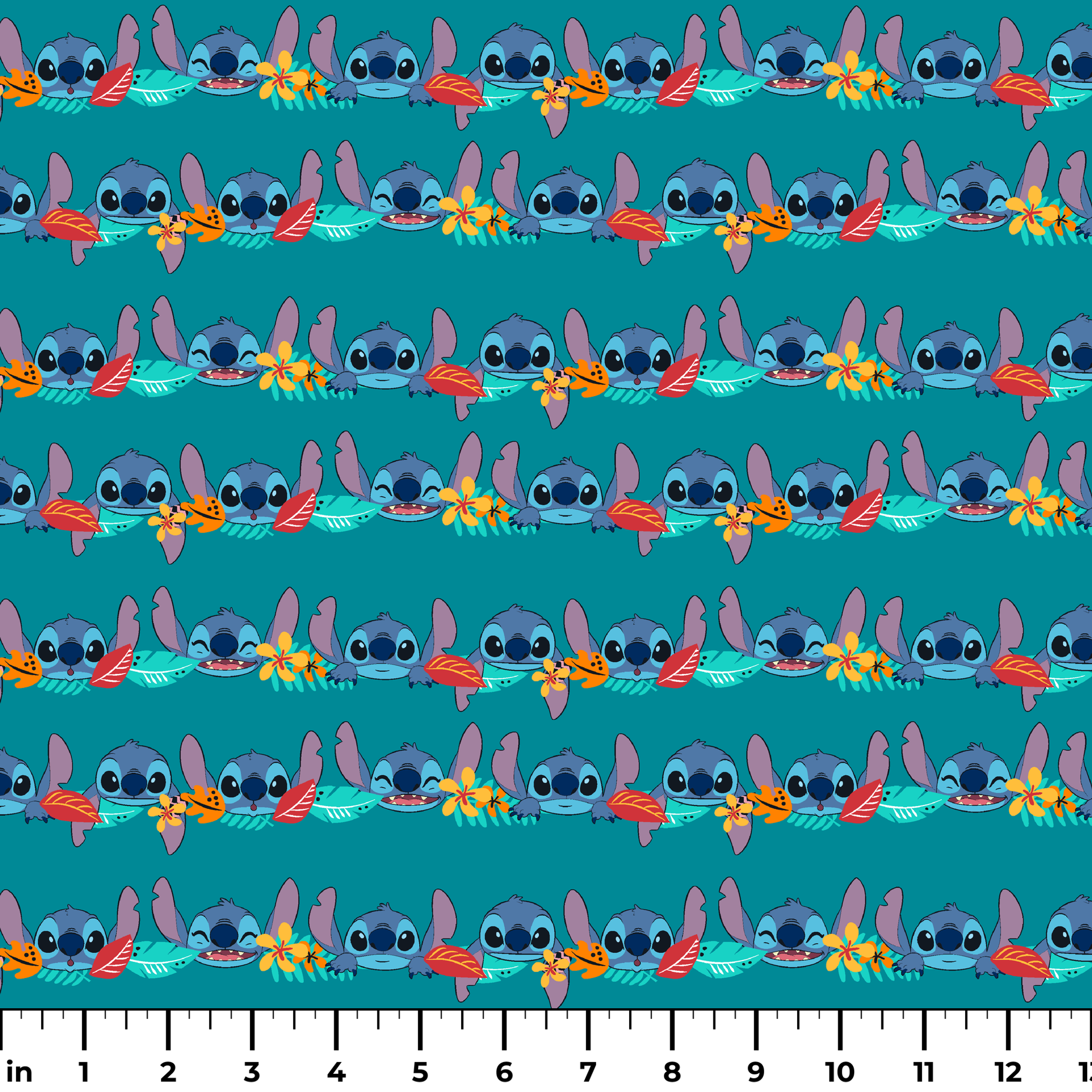 Repeating stripe design with Disney’s Stitch peeking between rows of tropical hibiscus flowers and colorful leaves on a teal background. ruler