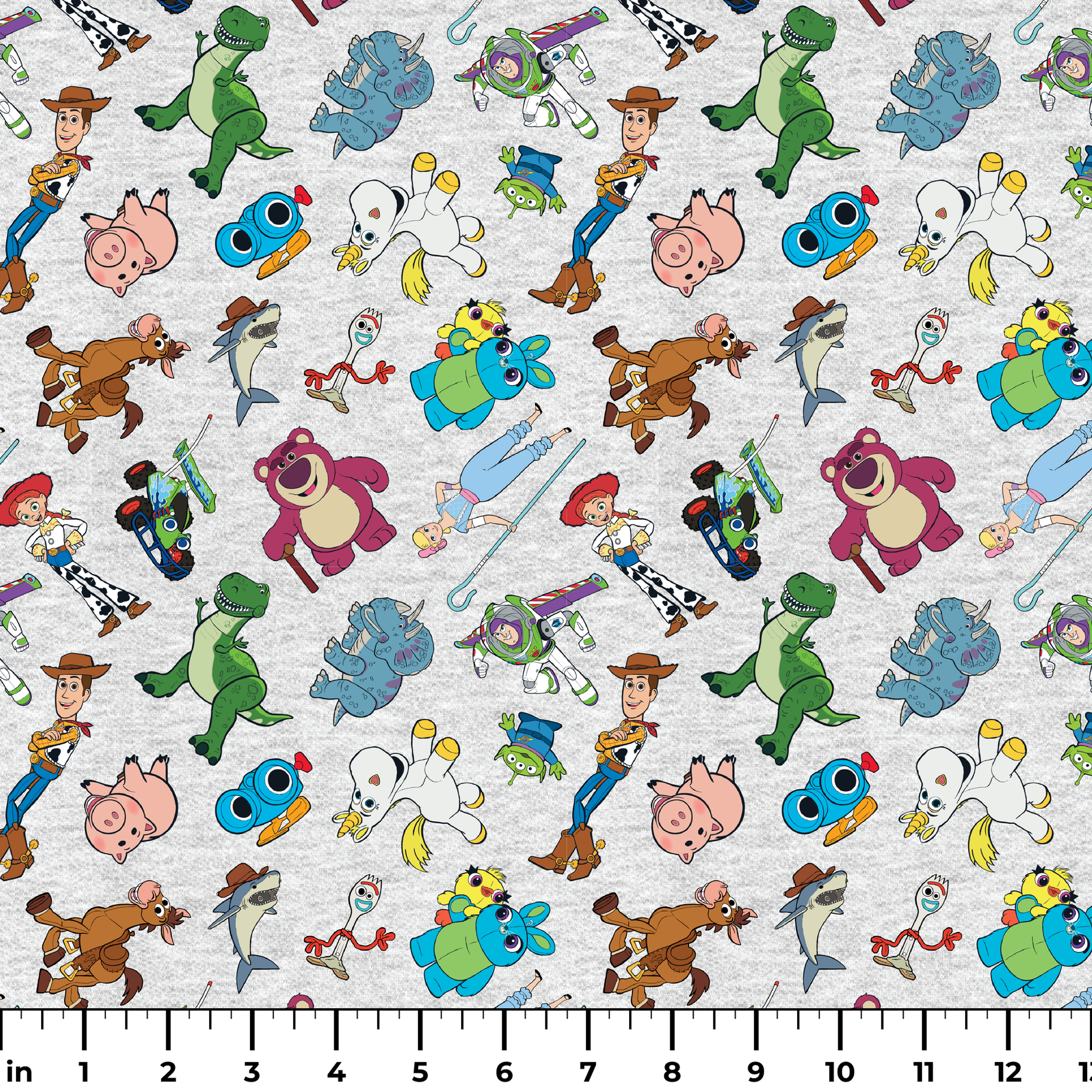 Colorful pattern of various animated Toy Story characters on a light speckled background ruler