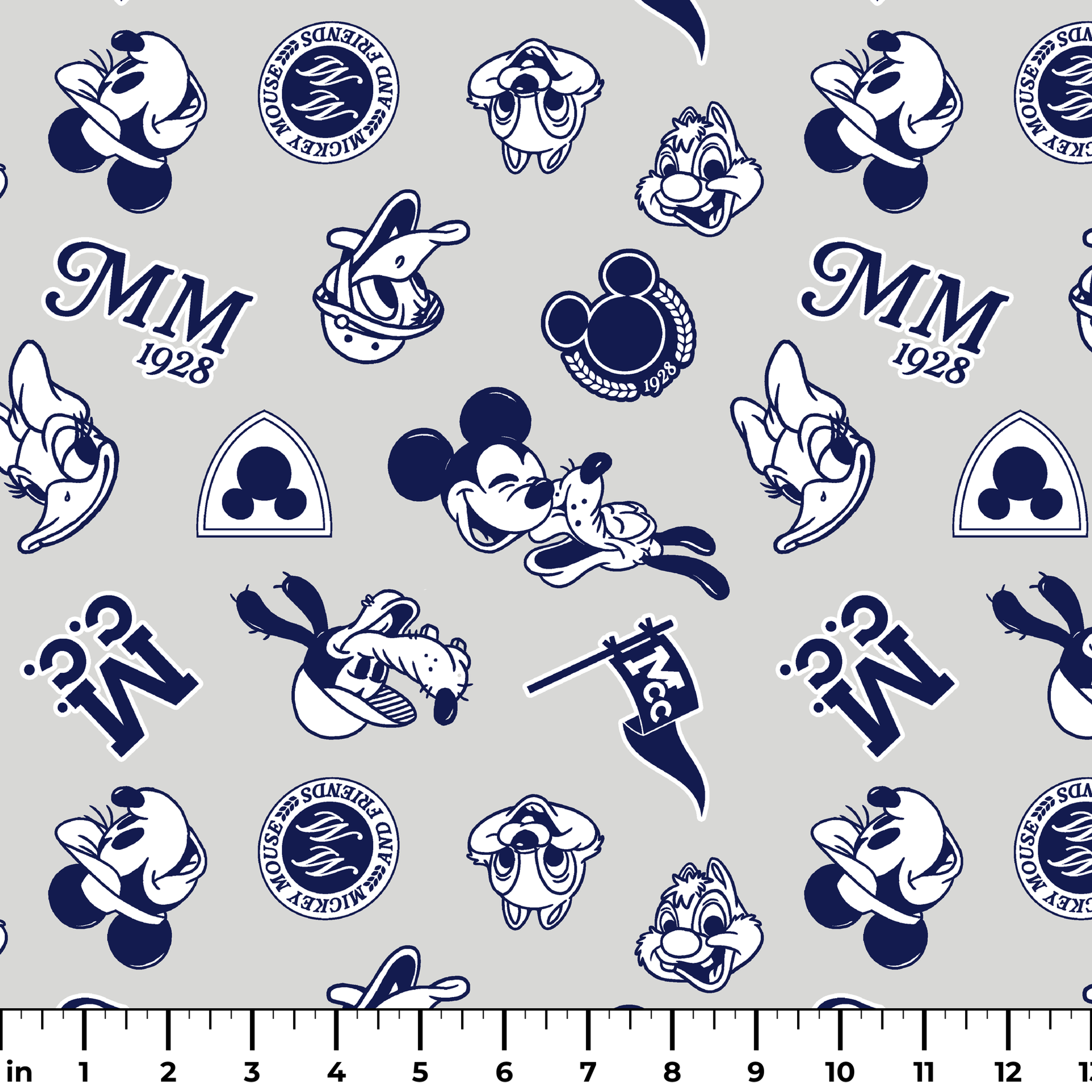 Disney character pattern with Mickey Mouse, Donald Duck and other classic cartoon figures in navy blue on light background. ruler