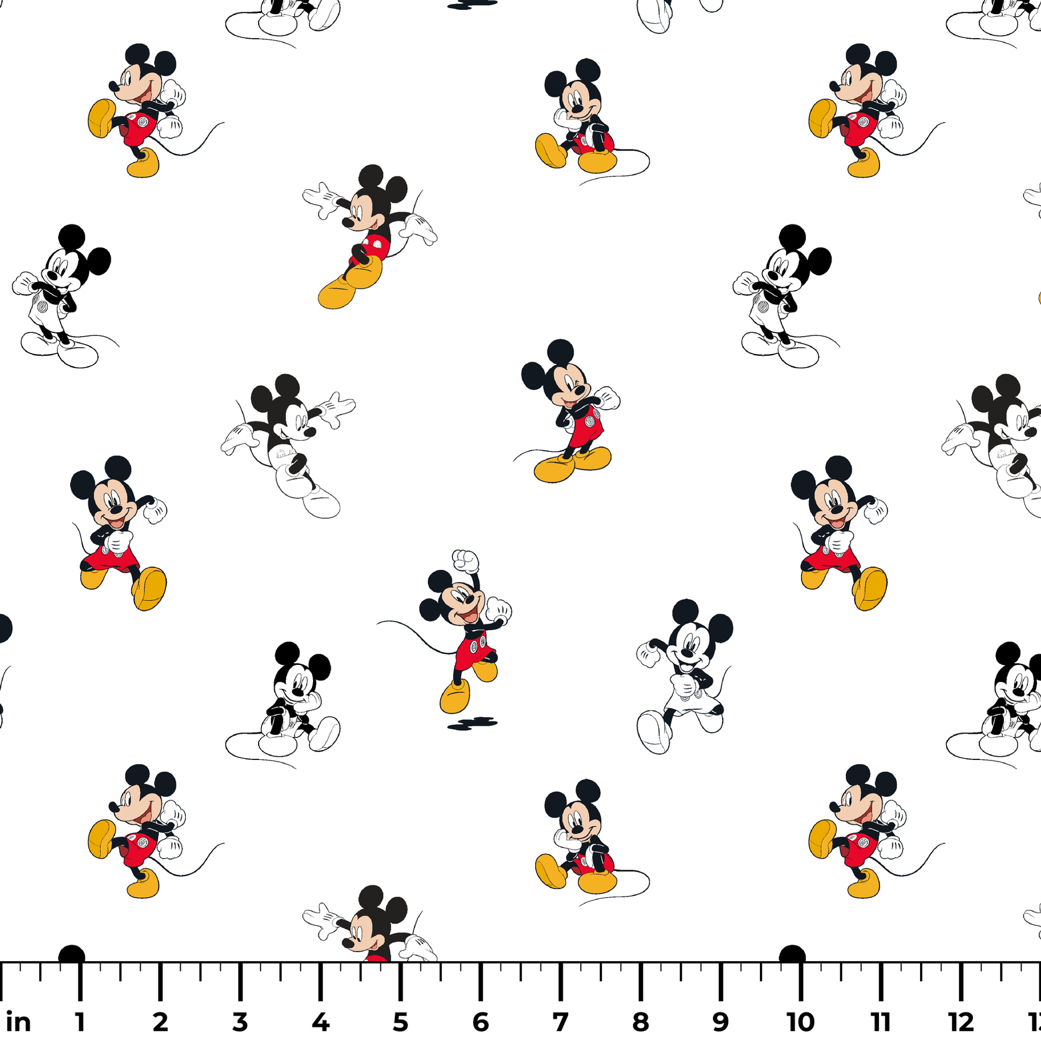 Repeating pattern of Mickey Mouse cartoon characters in various poses on white background ruler
