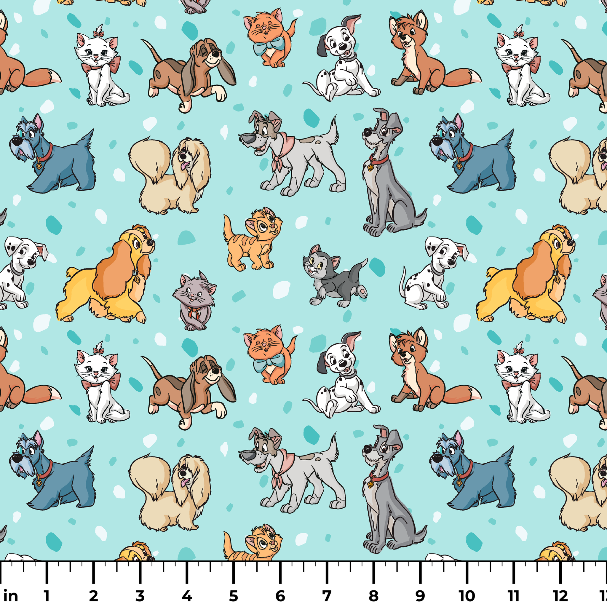 Cartoon-style Disney dogs and cats on a light blue background with scattered spots. ruler