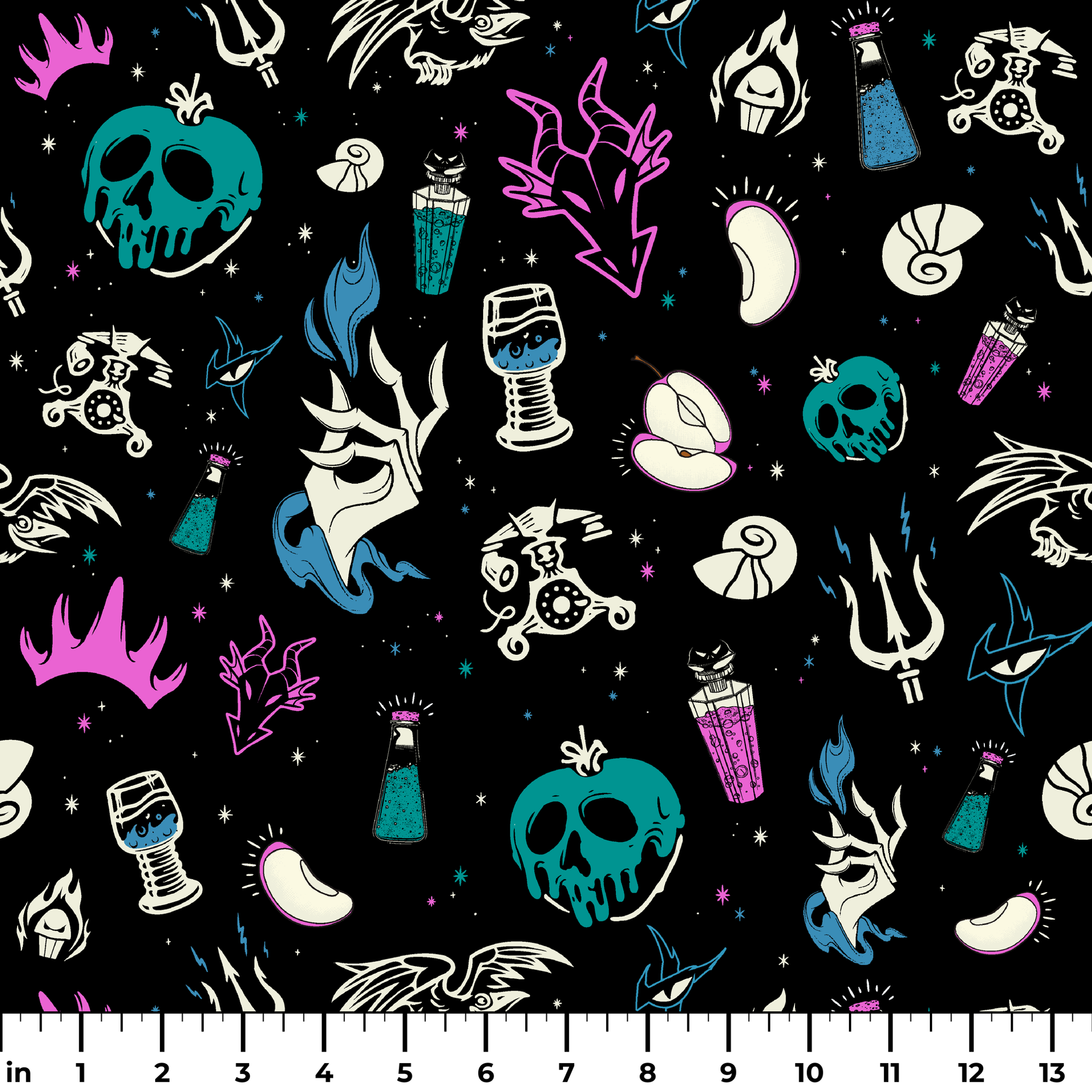 Gothic pattern with Disney villain-inspired icons like skulls, potions, and flames in teal, purple, and blue on black background. ruler