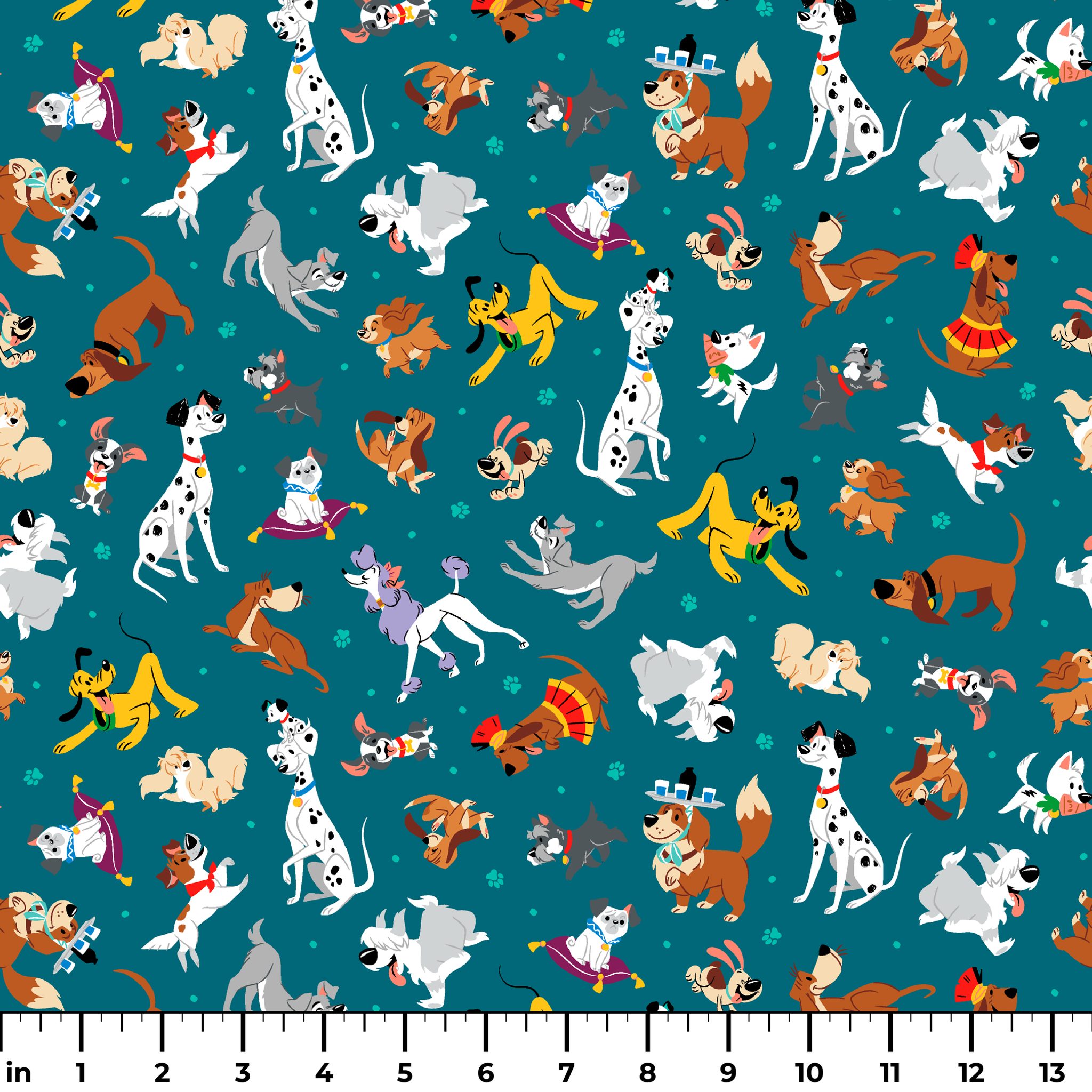 Teal pattern featuring Disney cartoon dogs like Dalmatians, Pluto, Lady and the Tramp, Copper, and other animated pups. ruler