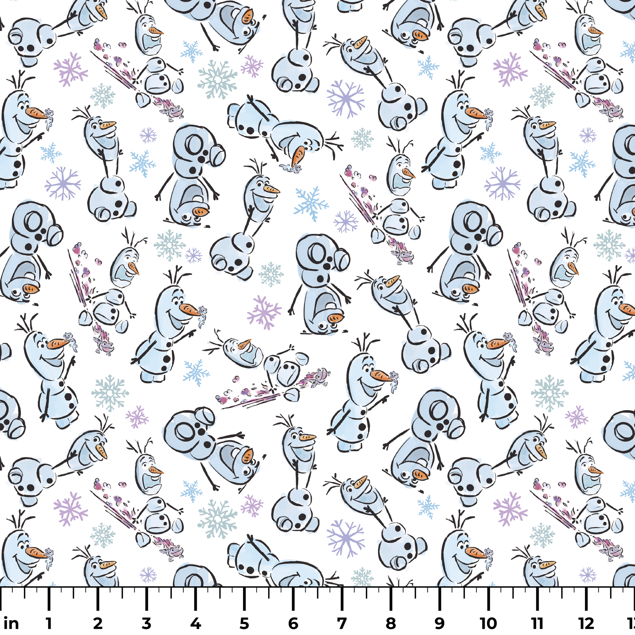 Disney Frozen Olaf with different happy expressions scattered on light blue background with snowflakes ruler