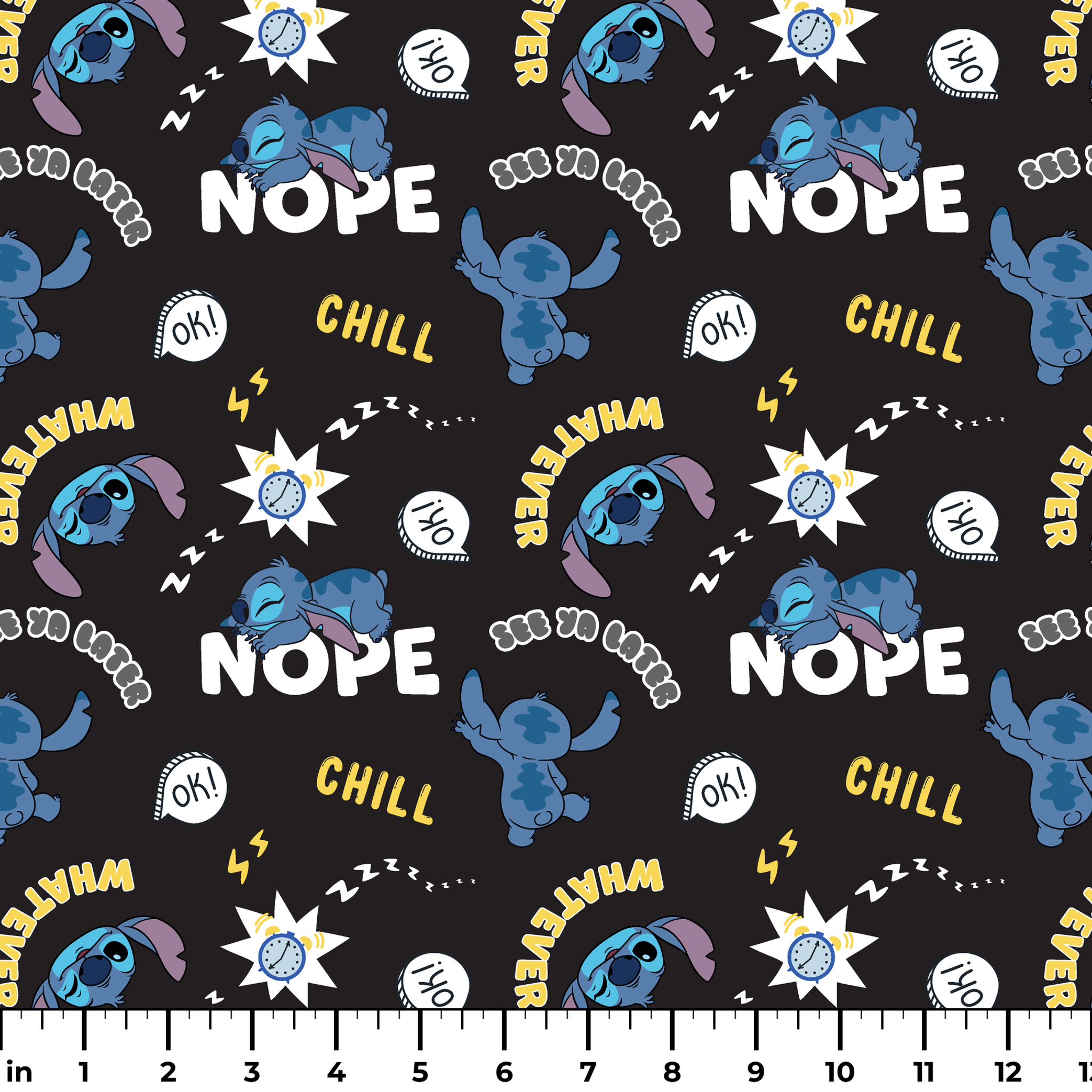 Disney Stitch pattern on black background with text "NOPE," "CHILL," "OK!" and sleep symbols ruler