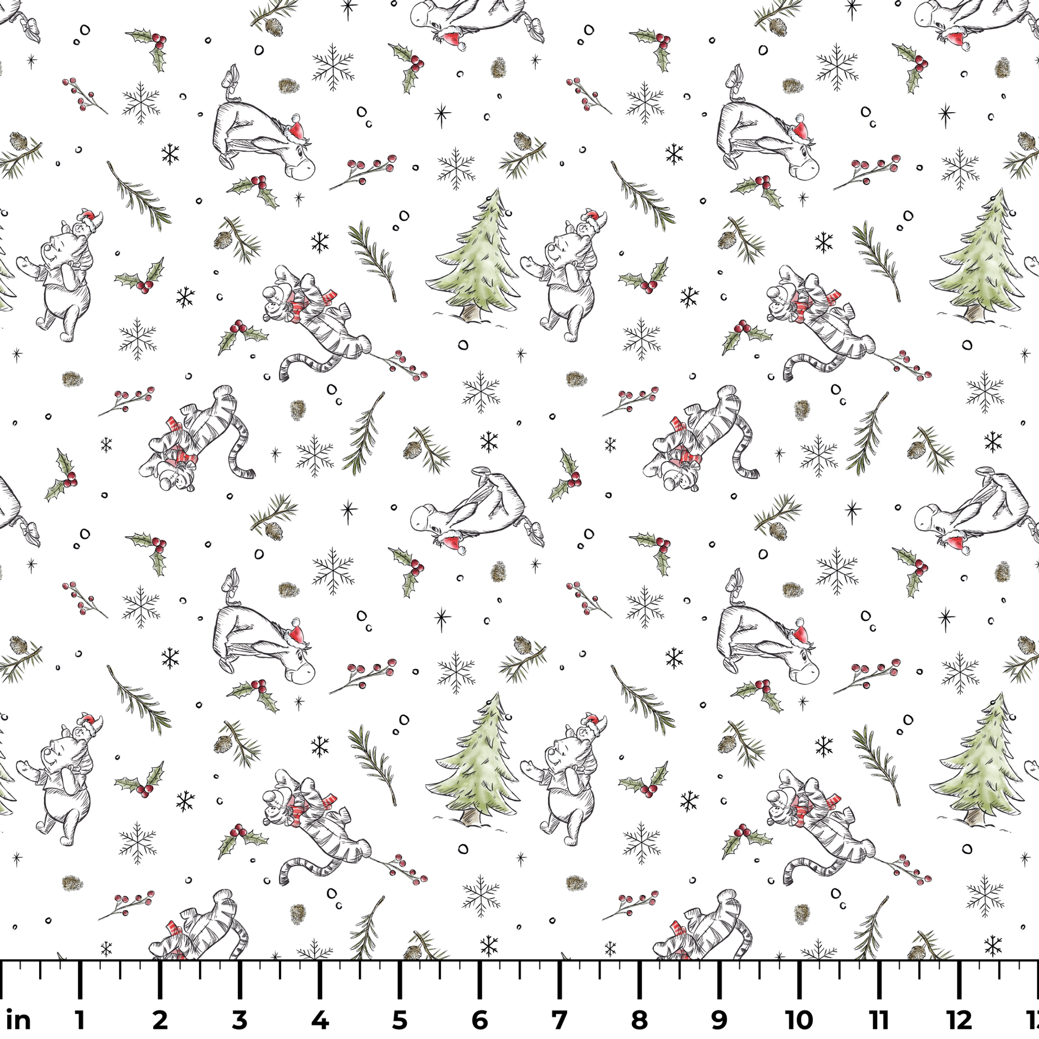 Delicate white winter pattern with cartoon mice, pine trees, holly berries, and snowflakes ruler