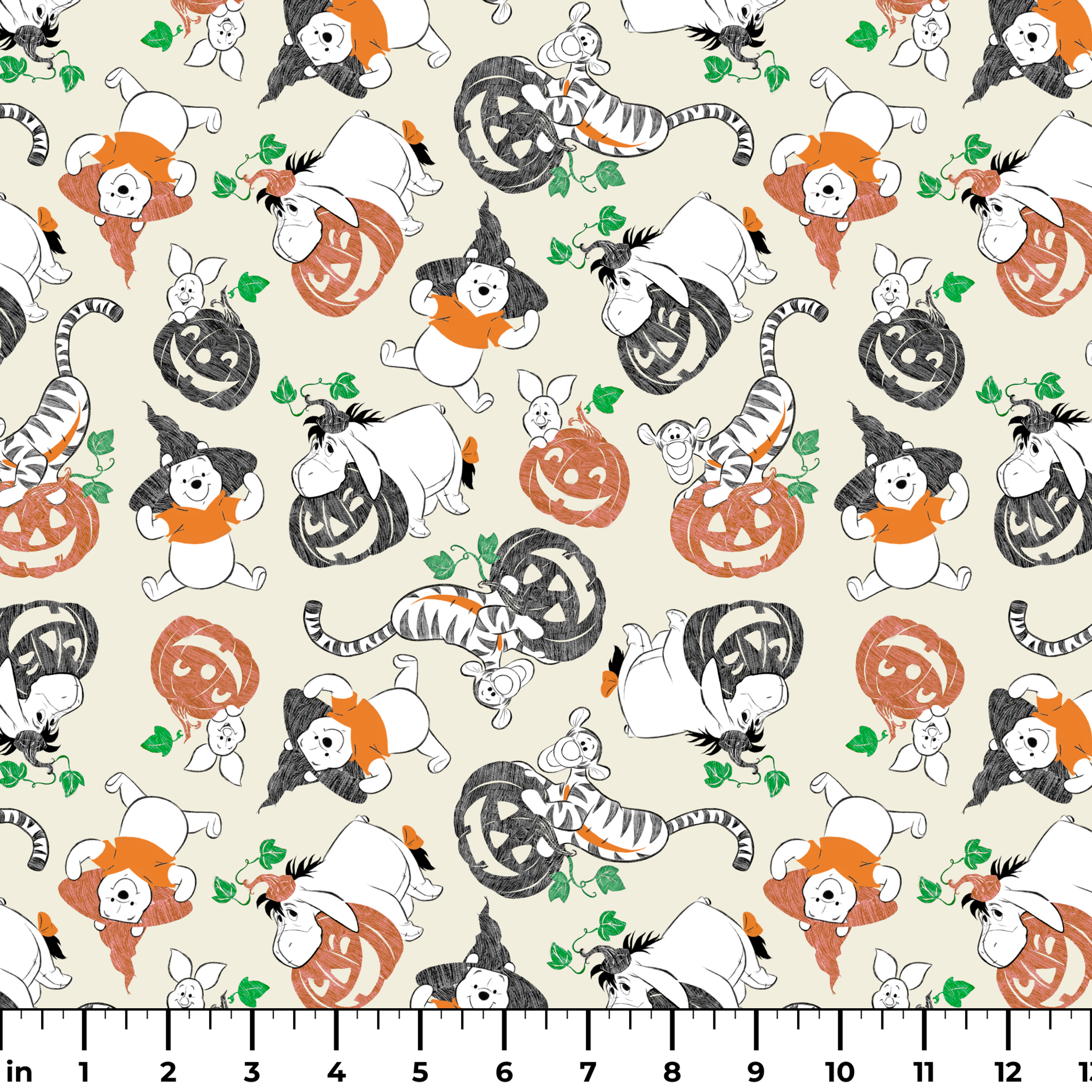 Whimsical Halloween pattern with cartoon ghosts, pumpkins, cats, and bears on cream background ruler