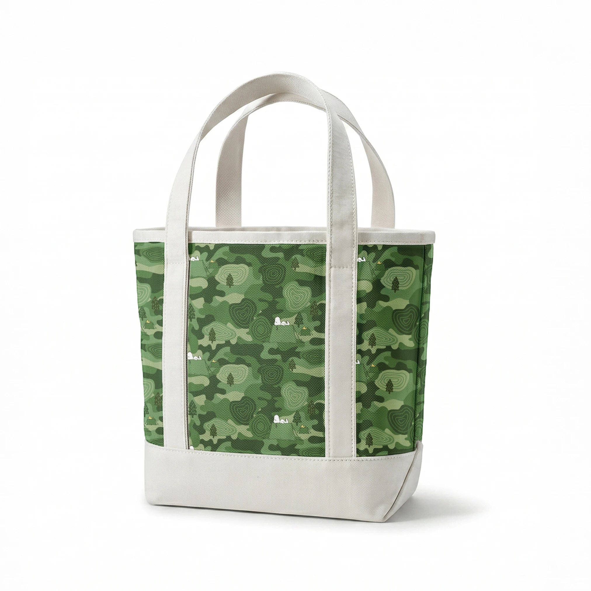 Snoopy camping scene with tents and trees on a green camouflage pattern background springs canvastote mockup