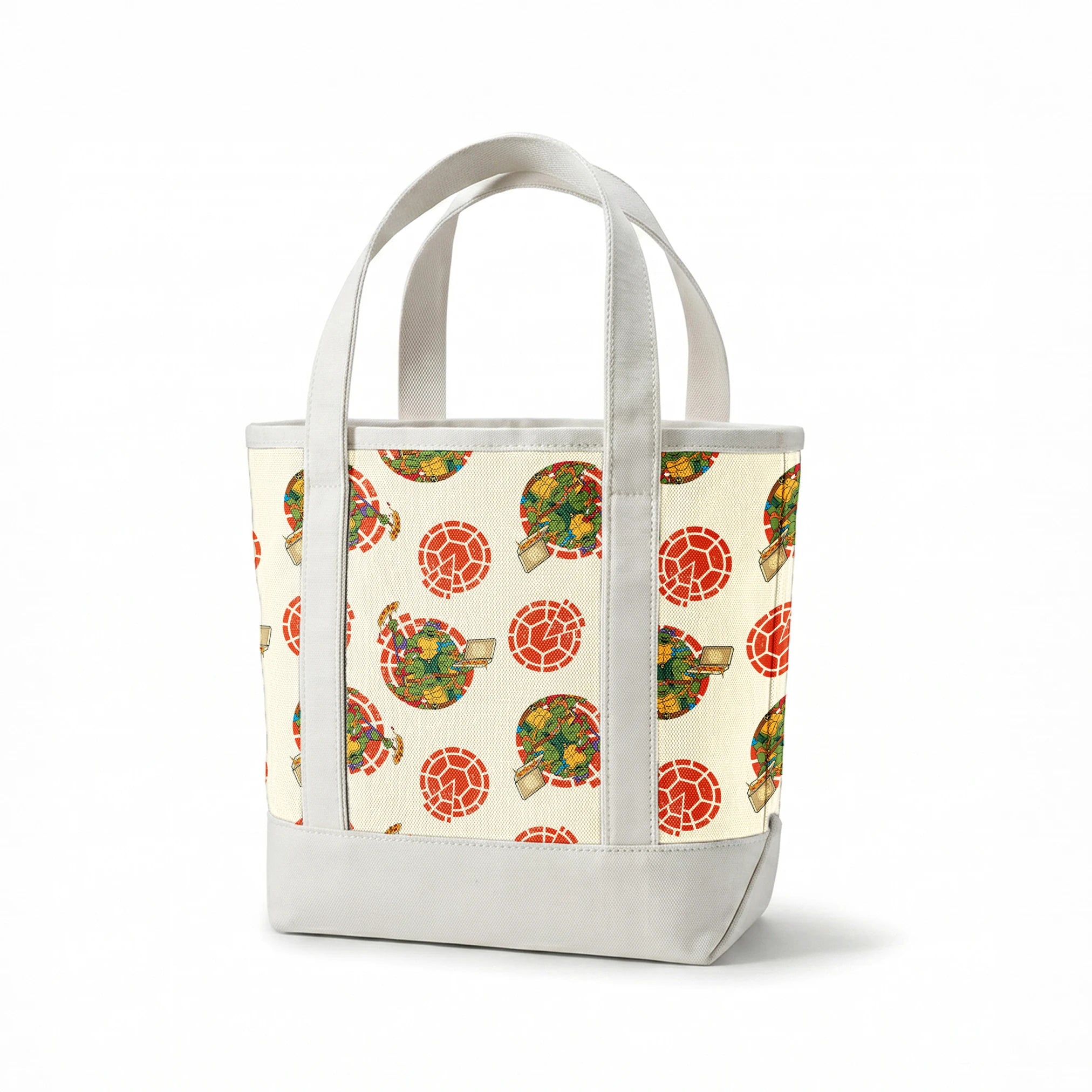TMNT characters in circular formations on cream background with red shell pattern springs canvastote mockup