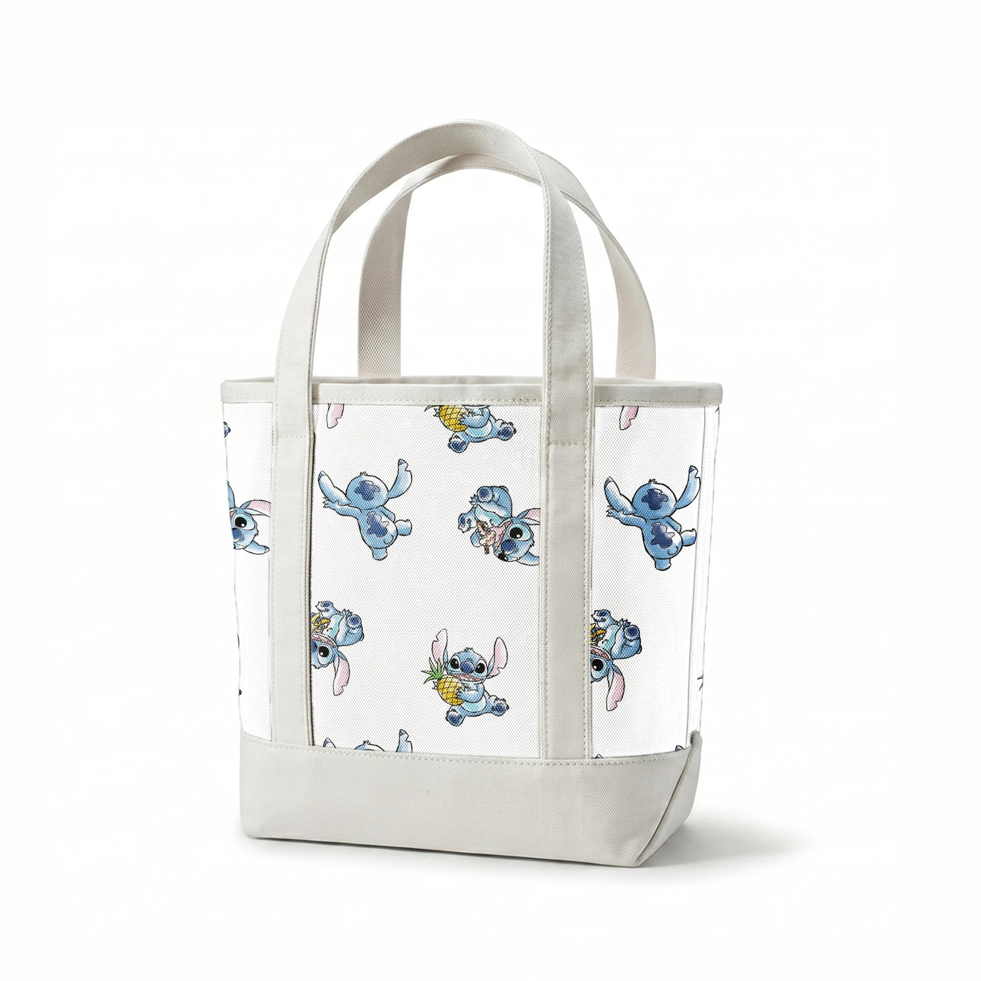 Disney's Stitch in various playful poses, some holding pineapples, on white background springs canvastote mockup