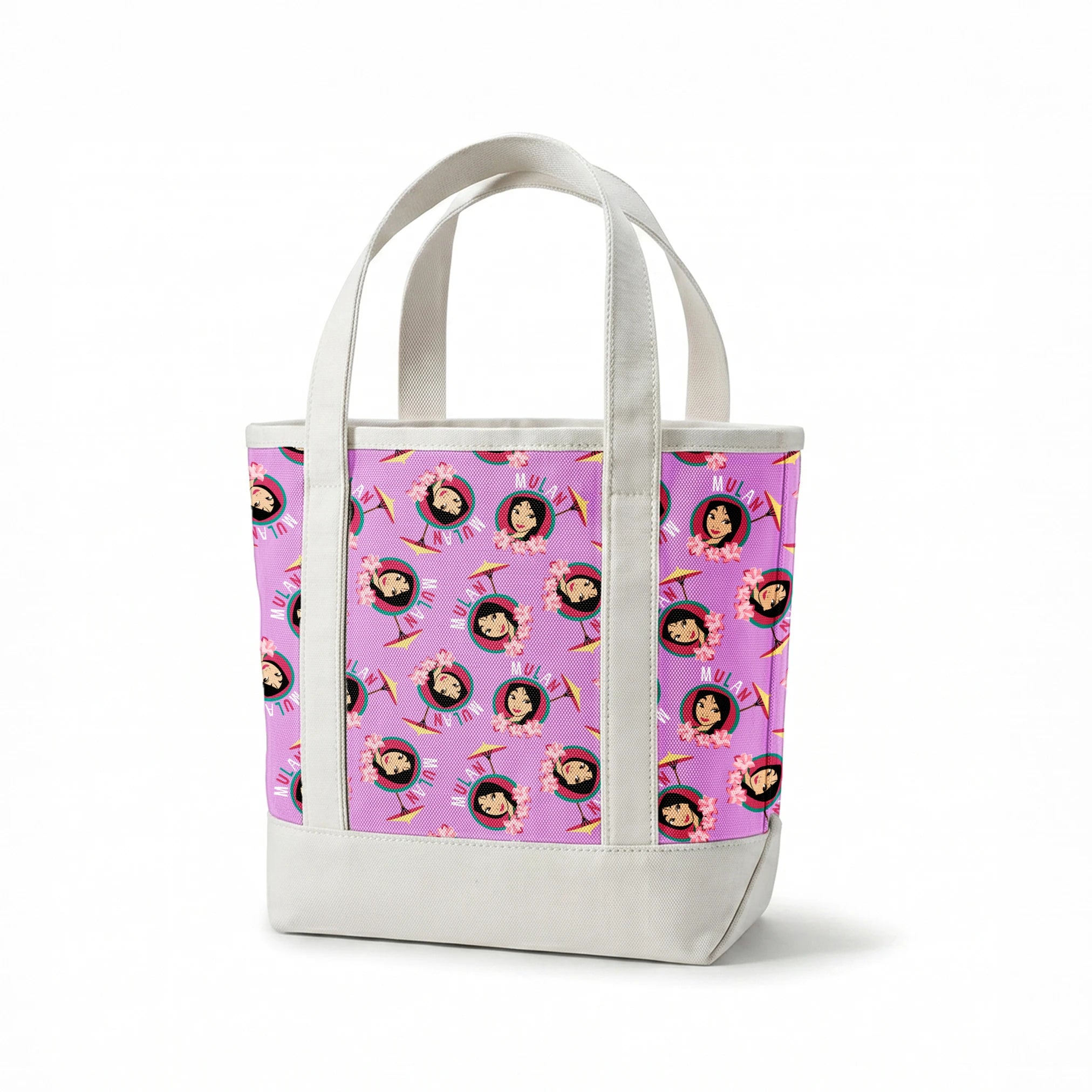 Animated character portrait pattern on purple background with pink flowers and yellow parasols springs canvastote mockup