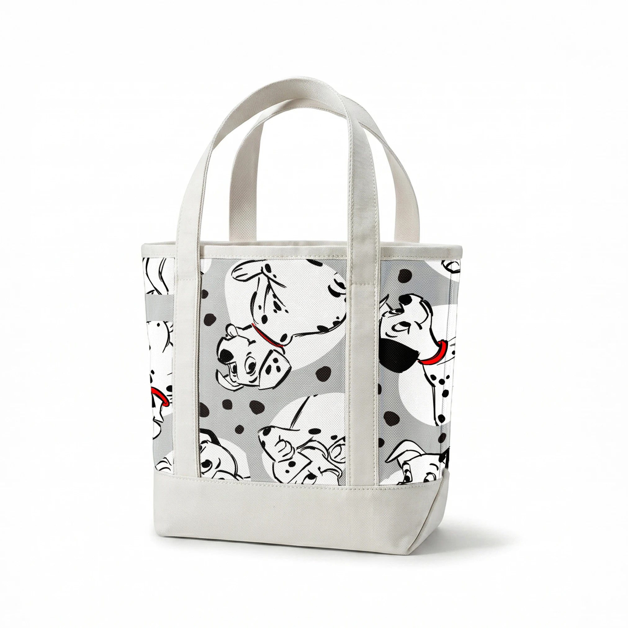 Cartoon Dalmatian dogs with red collars on gray background with black spots pattern springs canvastote mockup