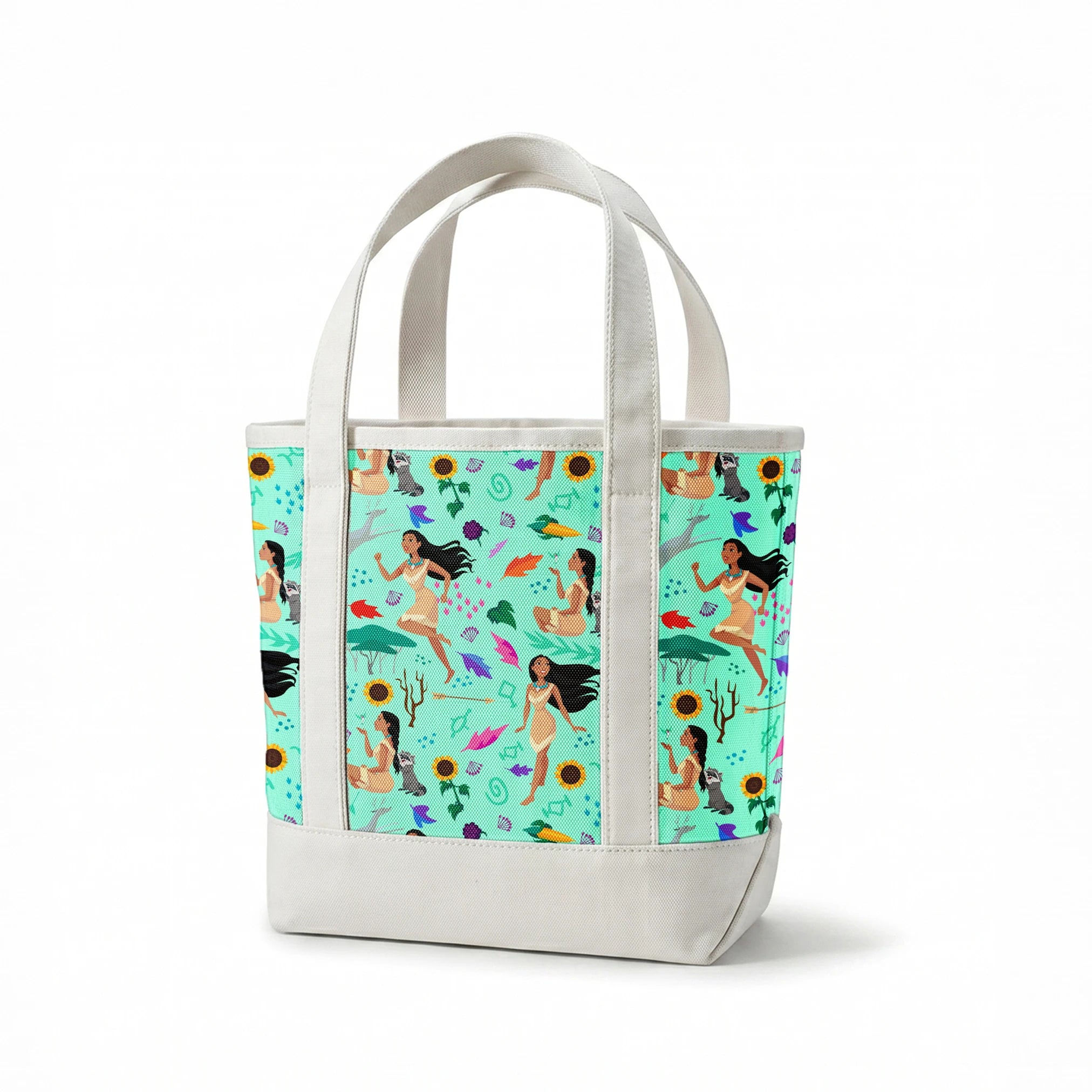 Colorful pattern with figures in nature motifs featuring sunflowers, leaves, and flowing design elements on turquoise background springs canvastote mockup