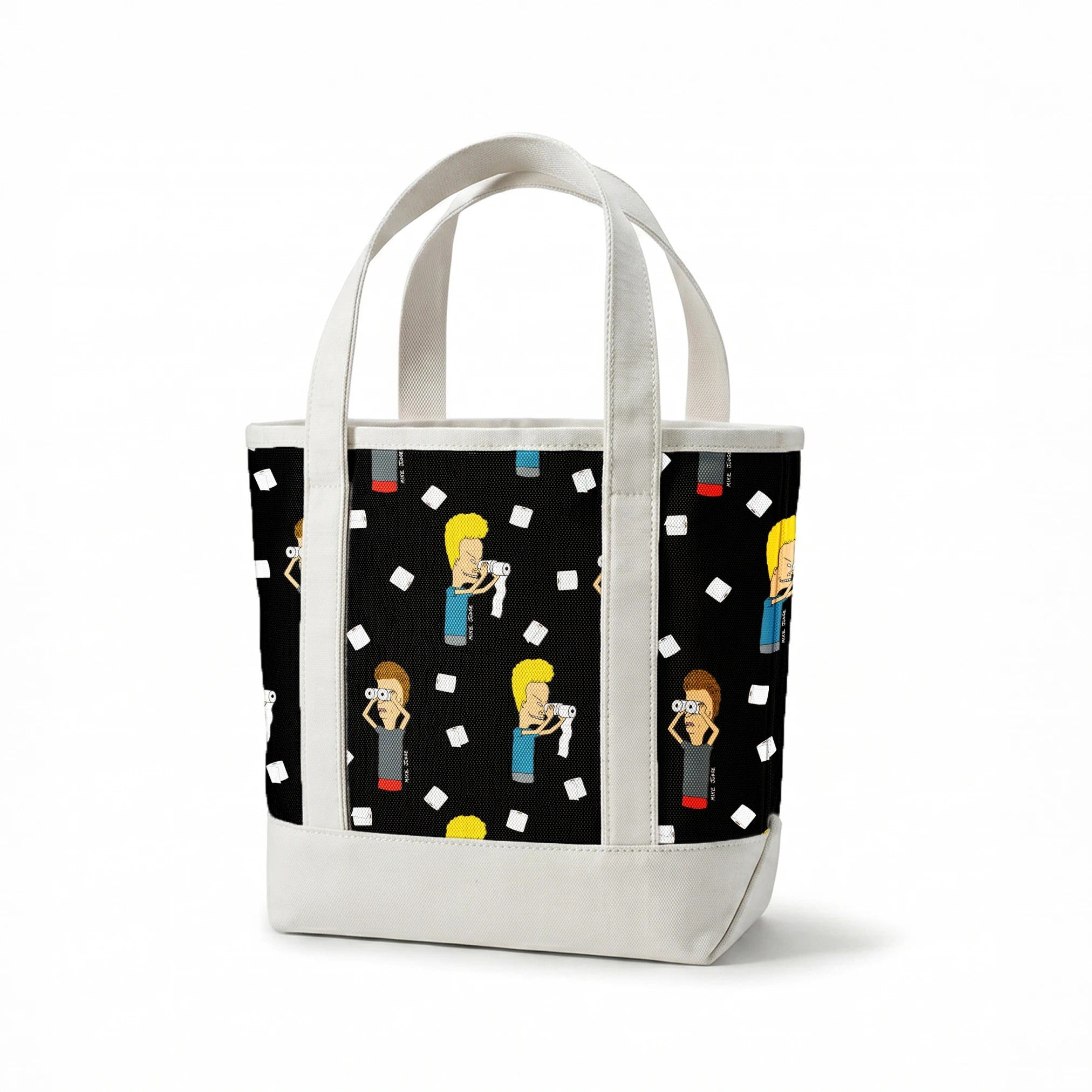 Cartoon characters with exaggerated features on black background with white squares scattered throughout the pattern springs canvastote mockup