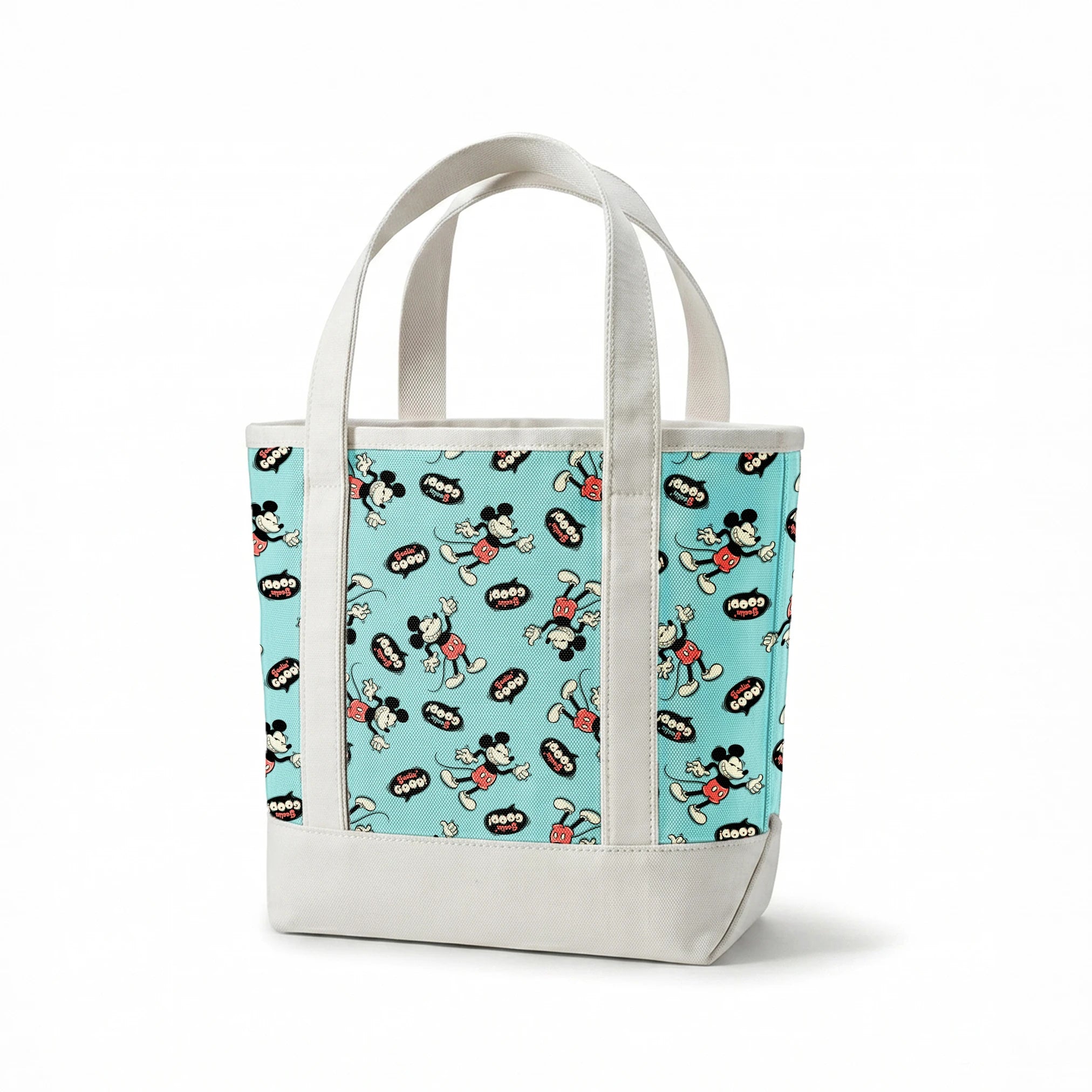 Mickey Mouse pattern on teal background with cartoon characters and "Gosh!" speech bubbles springs canvastote mockup