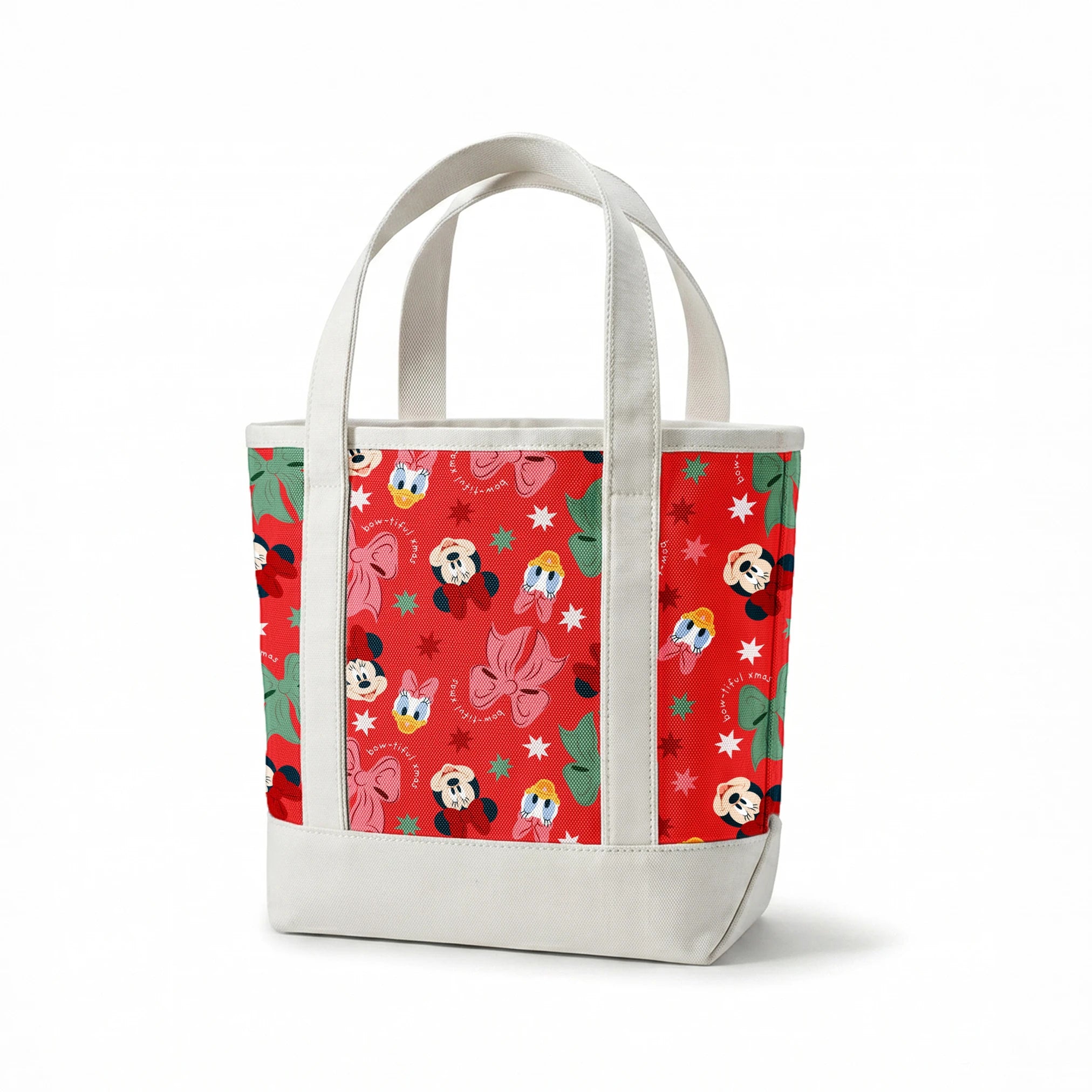 Disney character pattern with Minnie Mouse, Mickey Mouse and Donald Duck on red background with bows and stars springs canvastote mockup