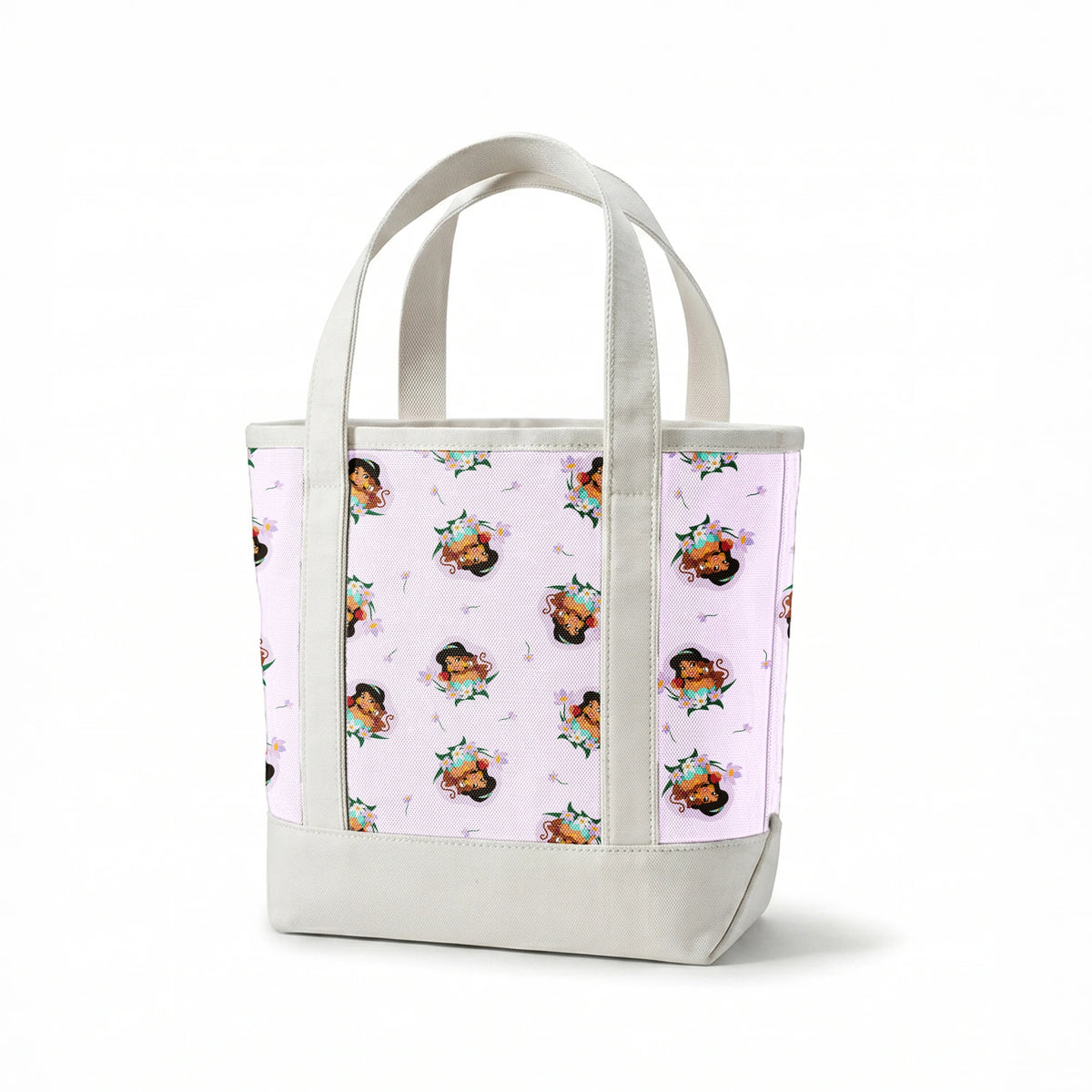 Cartoon pattern of Princess Jasmine with tiger cub surrounded by flowers on light pink background springs canvastote mockup