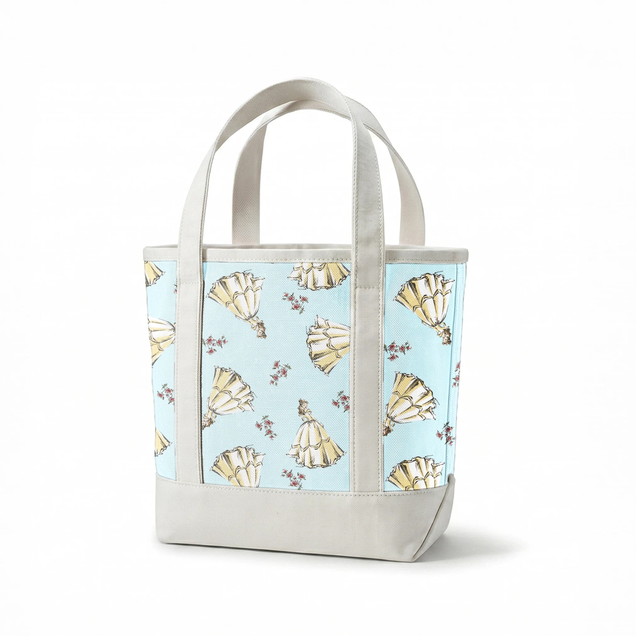 Light yellow pleated bell-shaped objects with small pink floral accents scattered on pale blue background springs canvastote mockup