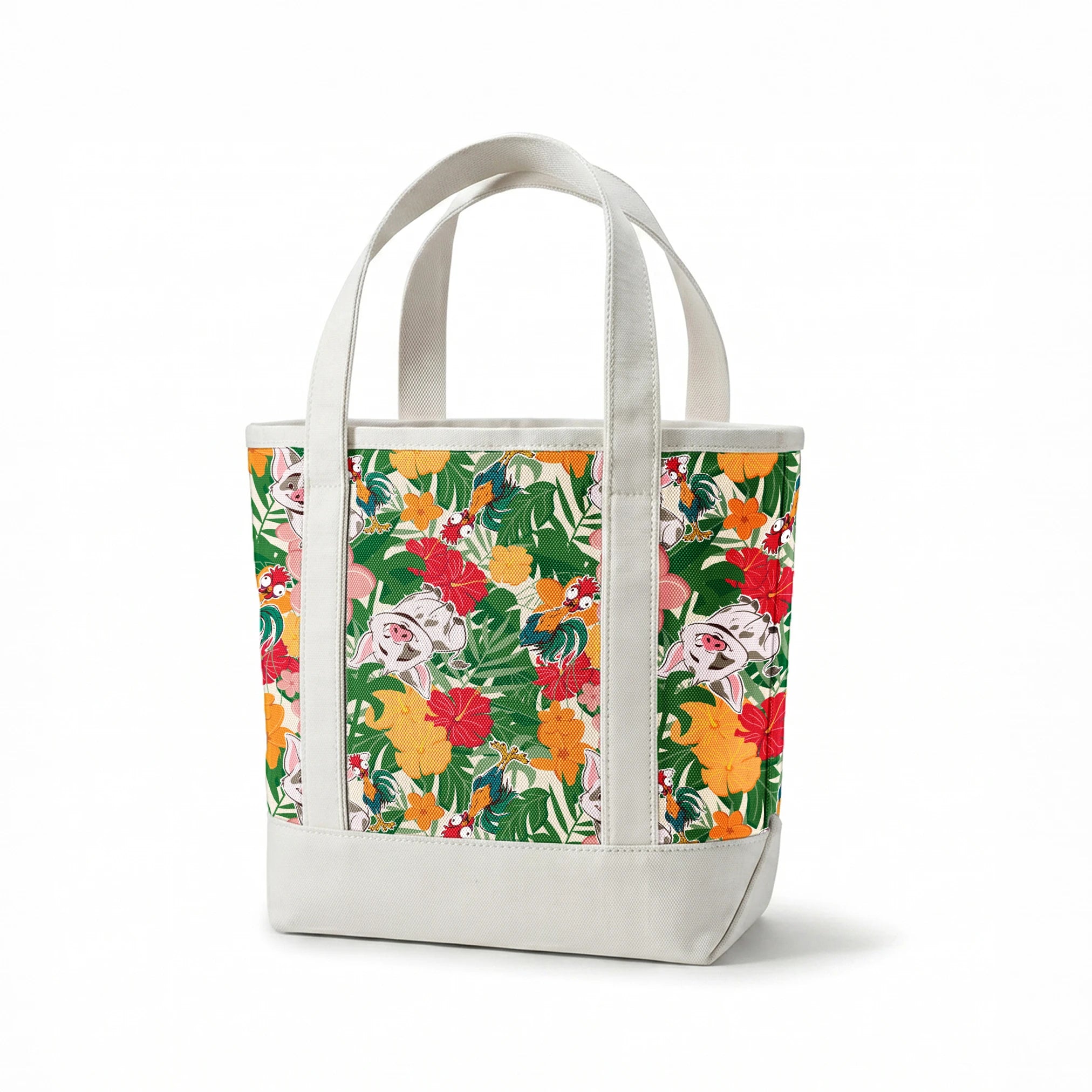 Cartoon pigs peeking through vibrant tropical flowers in red, orange, yellow, and pink among green foliage springs canvastote mockup