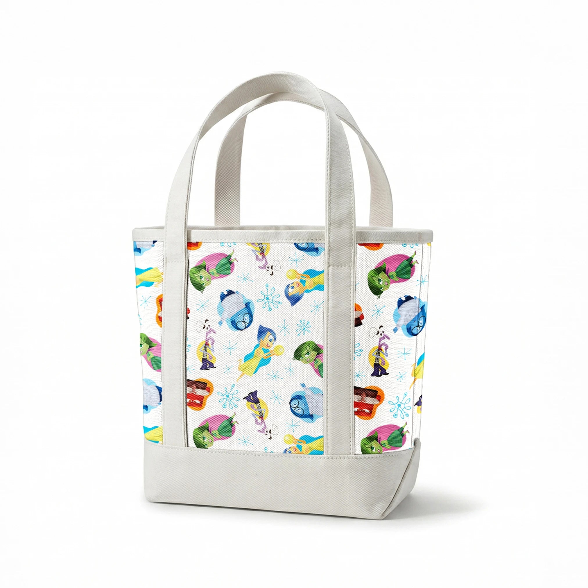 Colorful pattern of cartoon Inside Out characters with snowflake accents on white background springs canvastote mockup