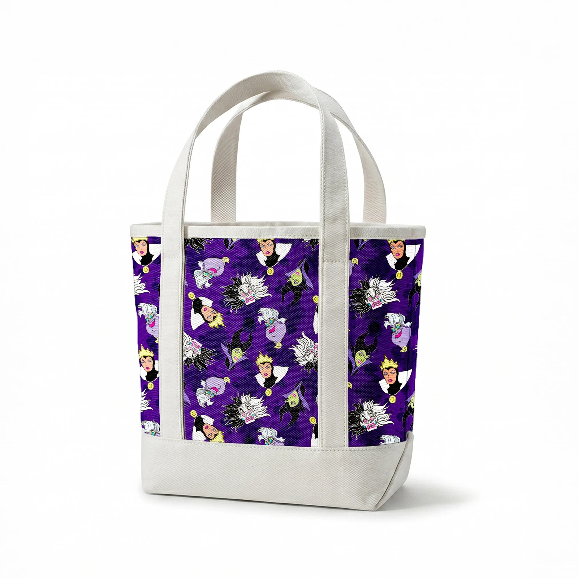 Disney villain pattern on purple background springs canvastote mockup