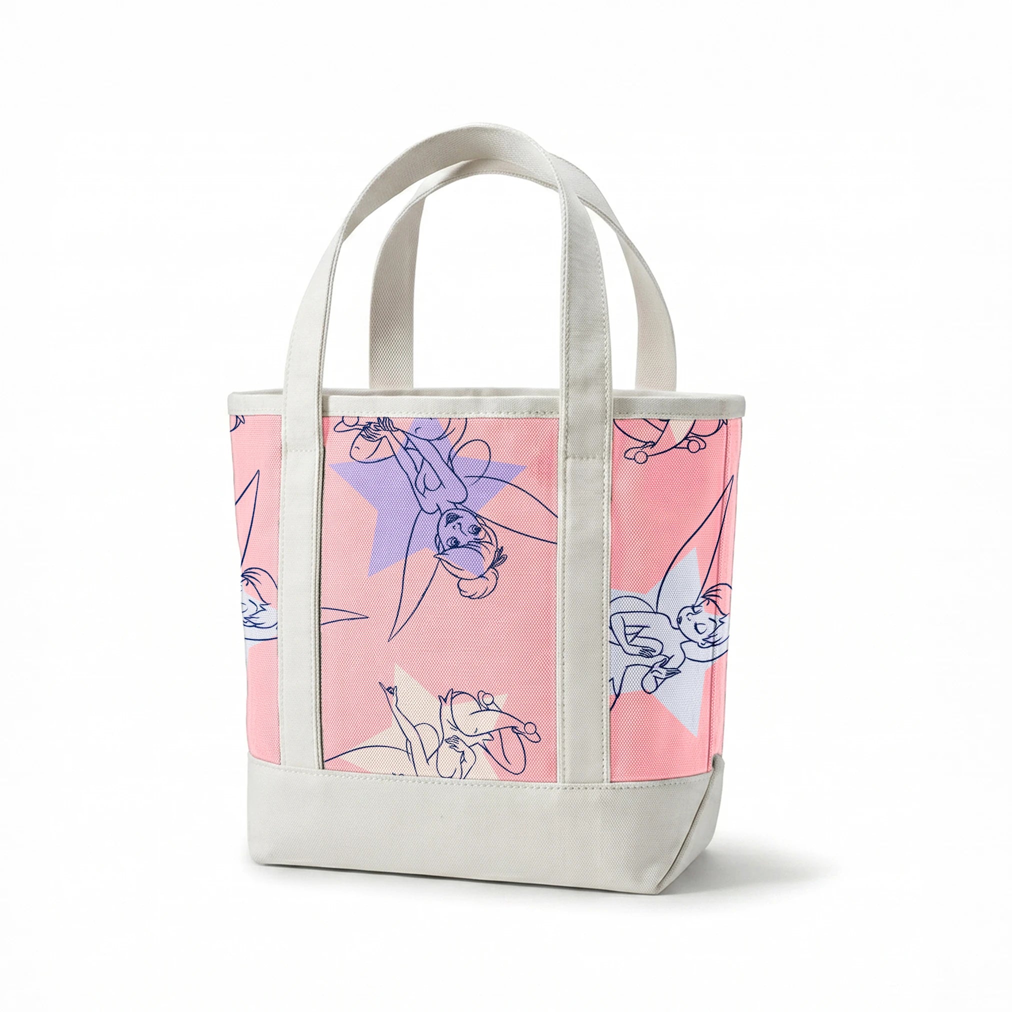 Whimsical Tinker Bells in outlined blue and white style on a soft pink background springs canvastote mockup
