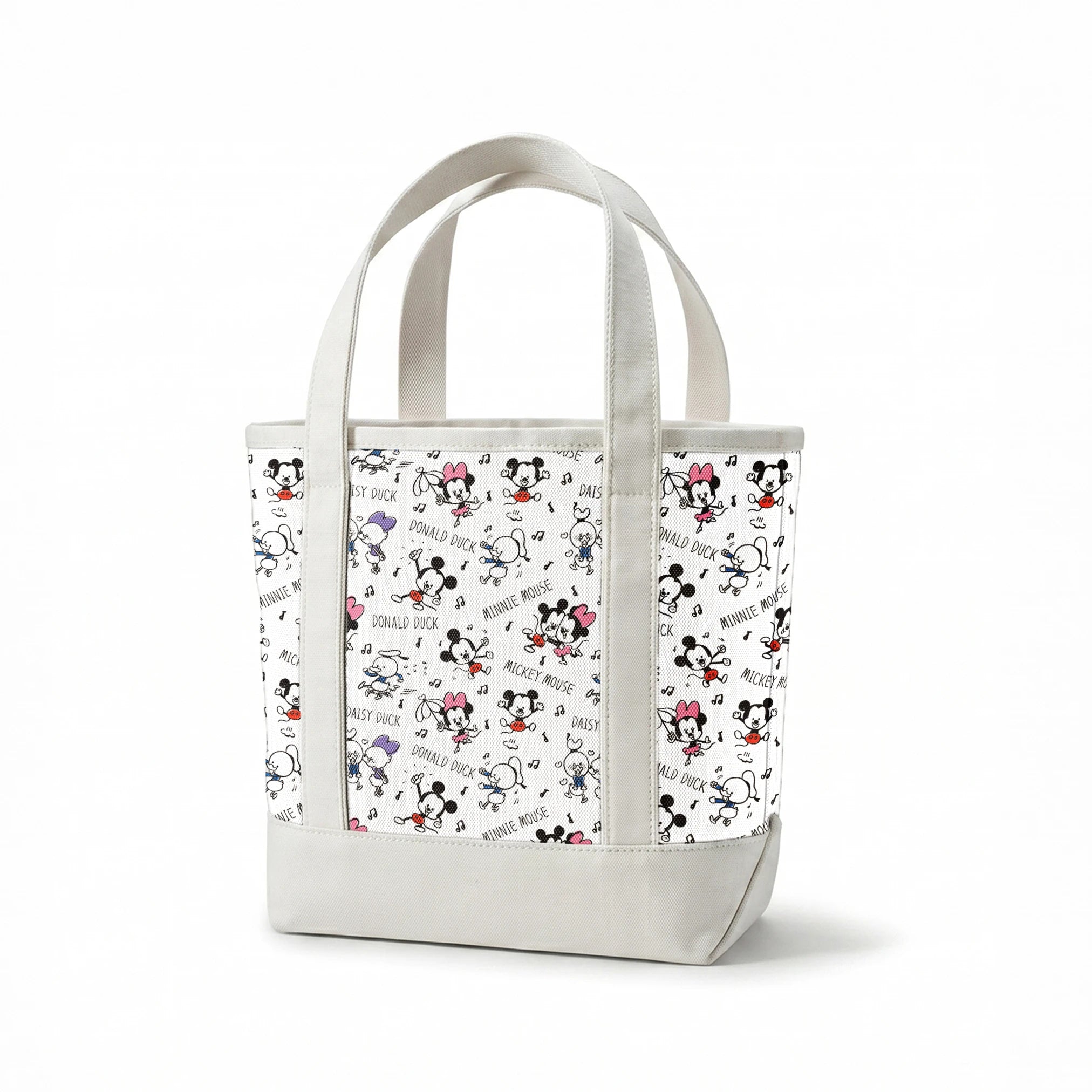 Classic Disney cartoon characters pattern with Mickey, Minnie, Donald, and Daisy with musical notes on white background. springs canvastote mockup