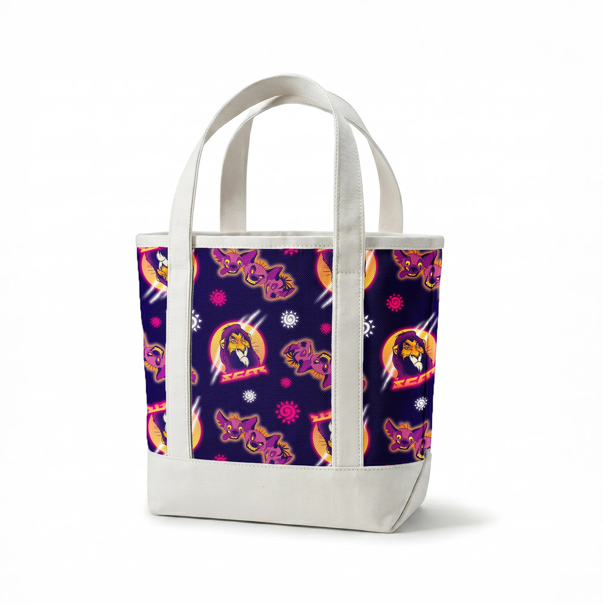 Lion and hyena characters pattern with suns on purple background, Disney's Lion King inspired design springs canvastote mockup