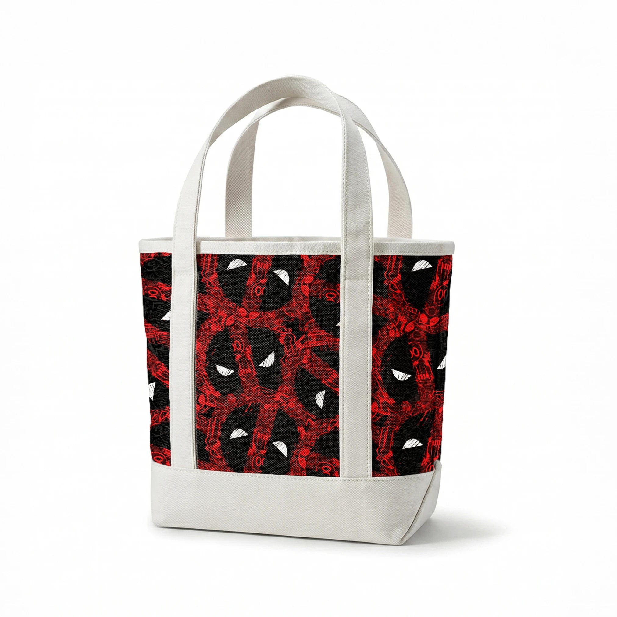 Abstract pattern of red and black chaotic lines with white triangular shapes scattered throughout the design springs canvastote mockup