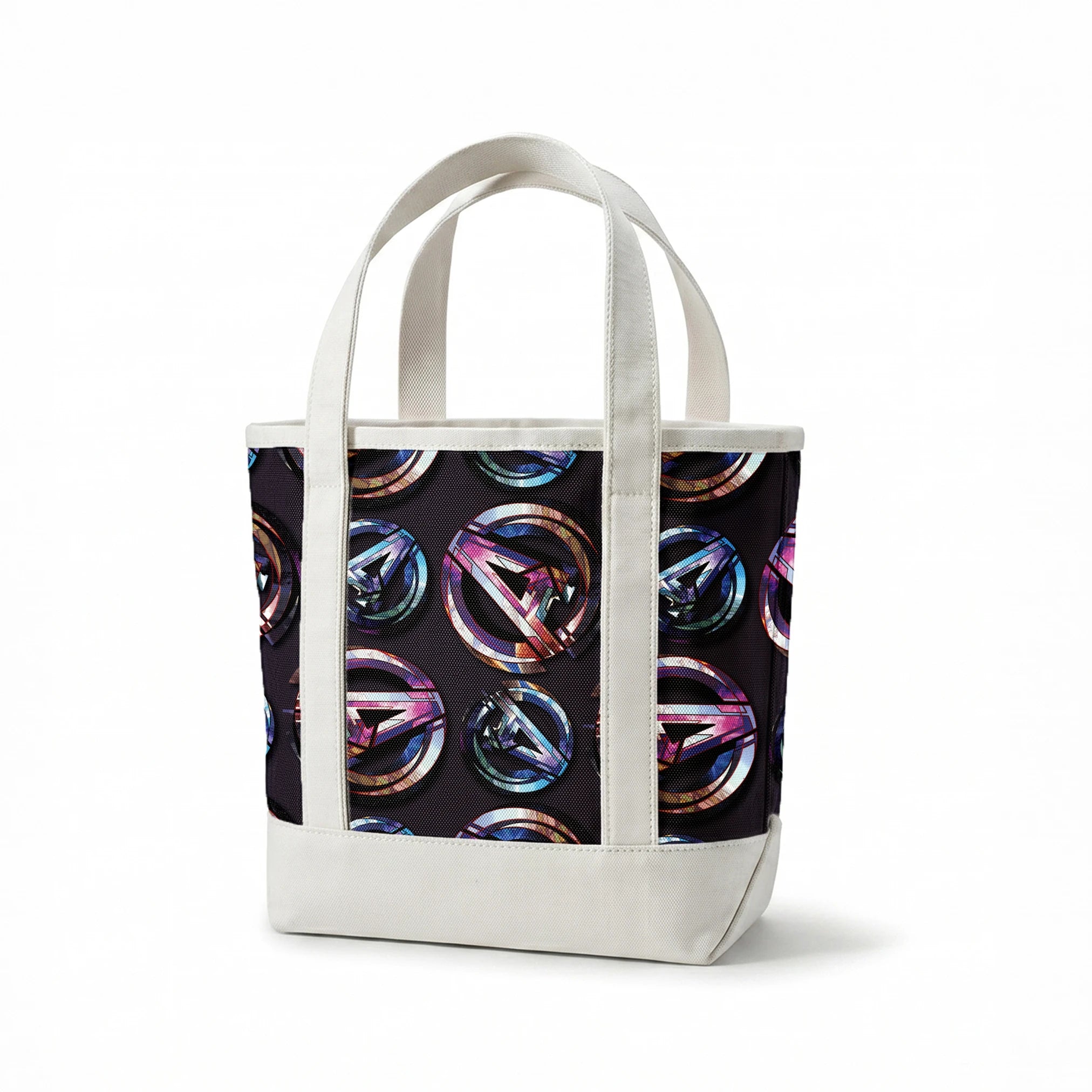 Colorful metallic Avengers logo pattern with iridescent purple and blue reflections on dark background springs canvastote mockup