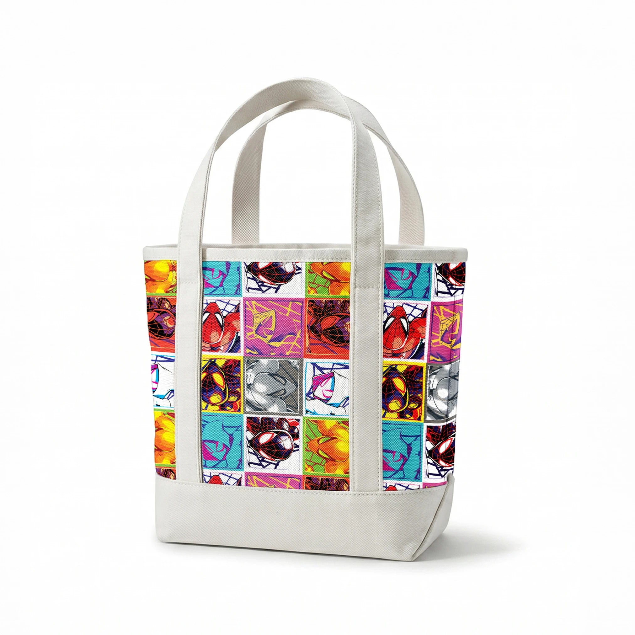 Colorful pop art grid of nine Spiderman designs in vibrant color schemes springs canvastote mockup