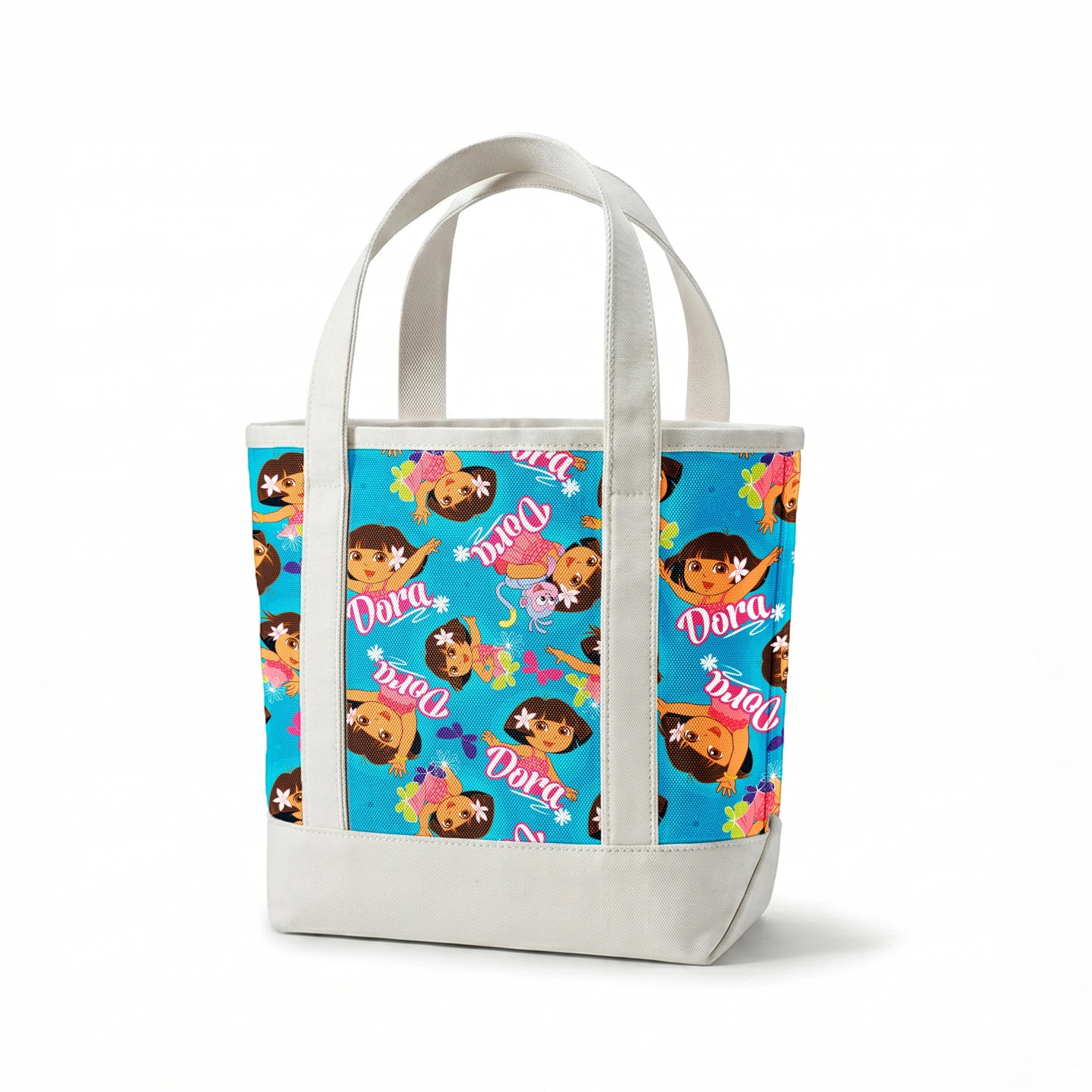Bright blue pattern with cartoon character Dora, flowers, and "Dora" text repeated throughout springs canvastote mockup